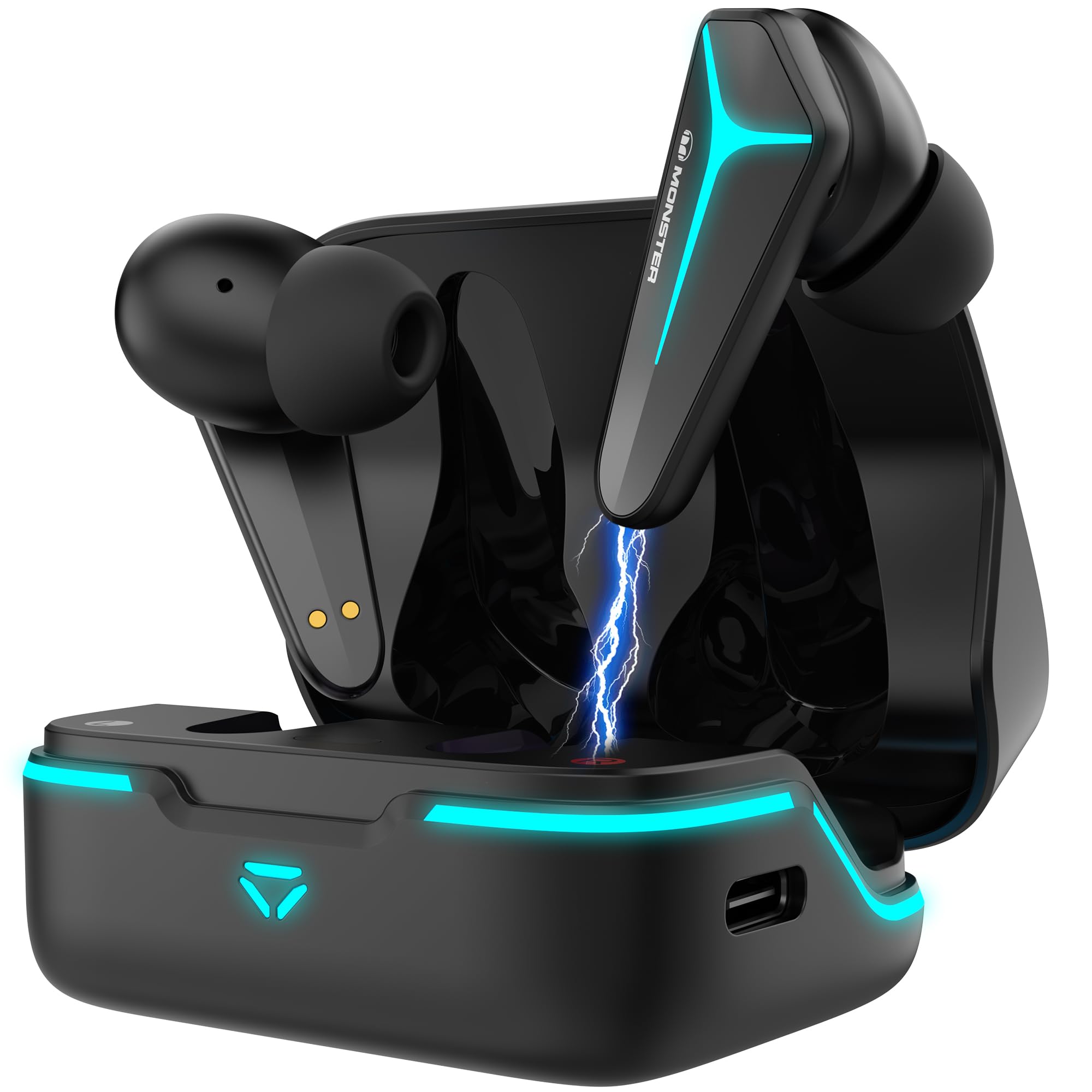 Monster Mission V1 Bluetooth Earbuds, Noise Cancelling Earbuds with Bluetooth 5.3, Cool Light Effects with Music & Game Modes, True Wireless Earbuds Bluetooth Headphones Long Playtime