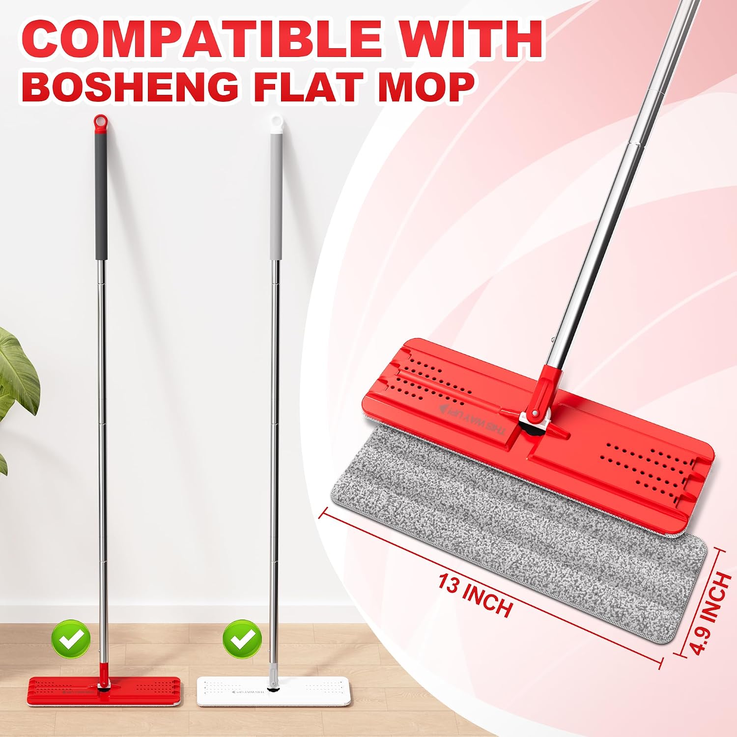 BOSHENG Flat Mop Pads, Reusable Mop Cleaning Refills, Microfiber Pads for BOSHENG Flat Mop or Mop Bucket System, Pack of 4 Washable 13-Inch Mop Heads - Grey