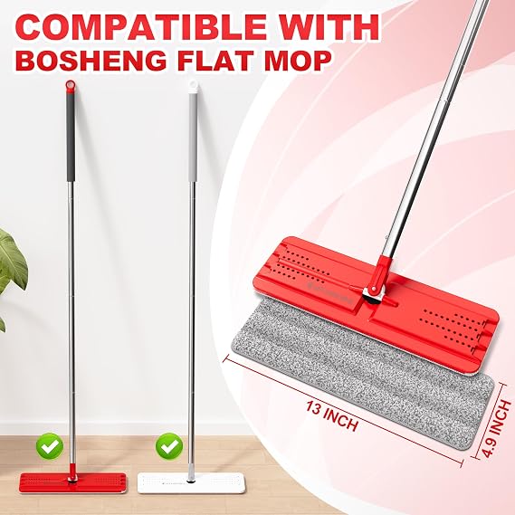 BOSHENG Flat Mop Pads, Reusable Mop Cleaning Refills, Microfiber Pads for BOSHENG Flat Mop or Mop Bucket System, Pack of 4 Washable 13-Inch Mop Heads - Grey