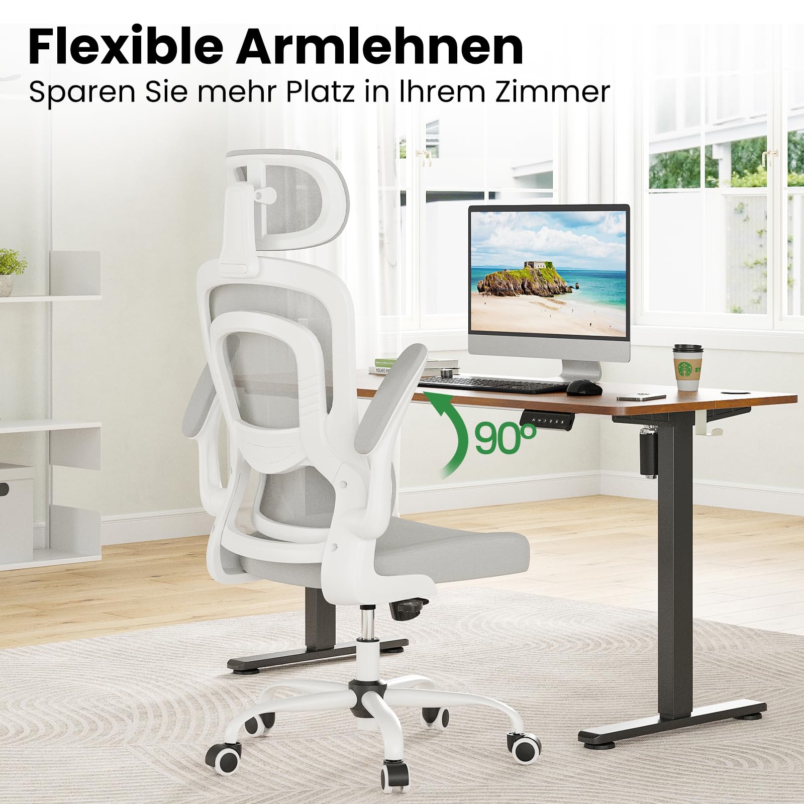Farini Ergonomischer Stuhl Büro Computer Stuhl mit Rollen Schreibtisch für Bequemer Home Office Höhenverstellbar Chefsessel Bürostuhl mit Kopfstütze, Grauweiß