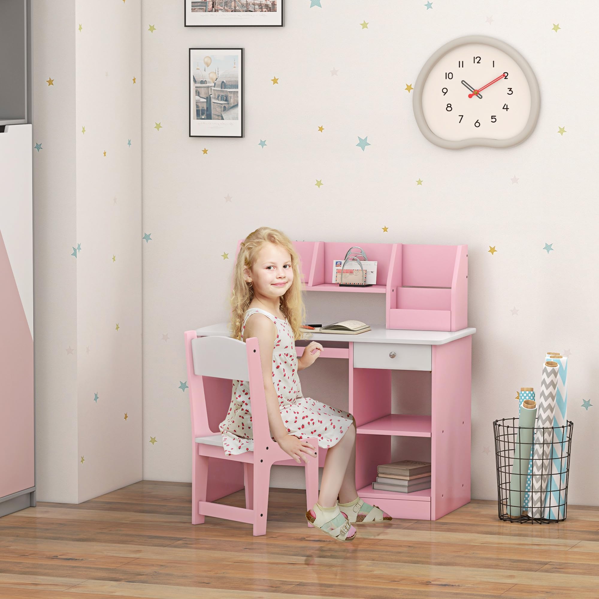 ZONEKIZ Set di scrivania e sedia per bambini 2 pezzi con cassetto per tastiera, rosa