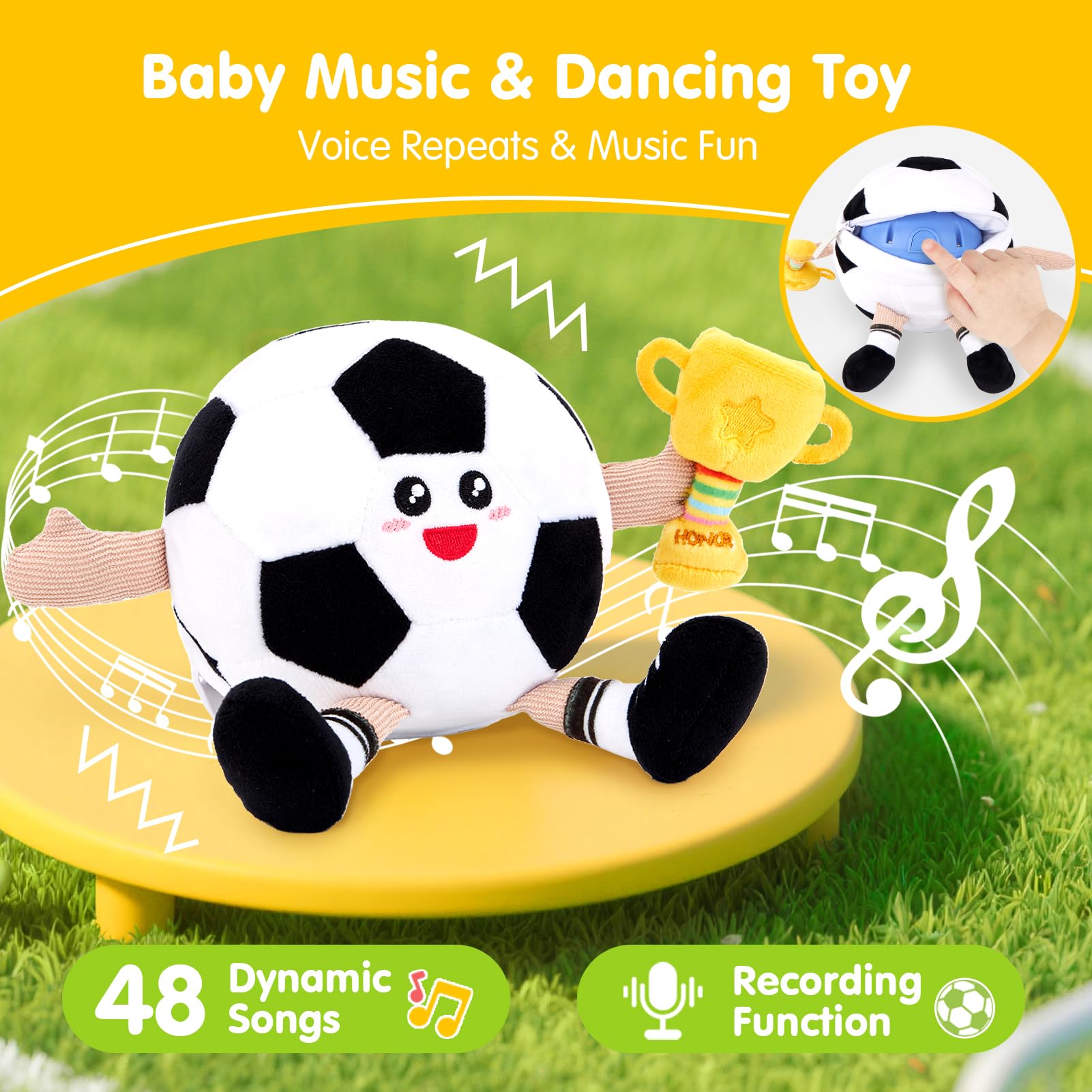 hahaland Giochi Neonato 3 6 9 Mesi, Peluche Calcio Giocattolo Interattivo con Musica e Registrazioni, Gattonare Giochi Regalo Bambini 1 Anno