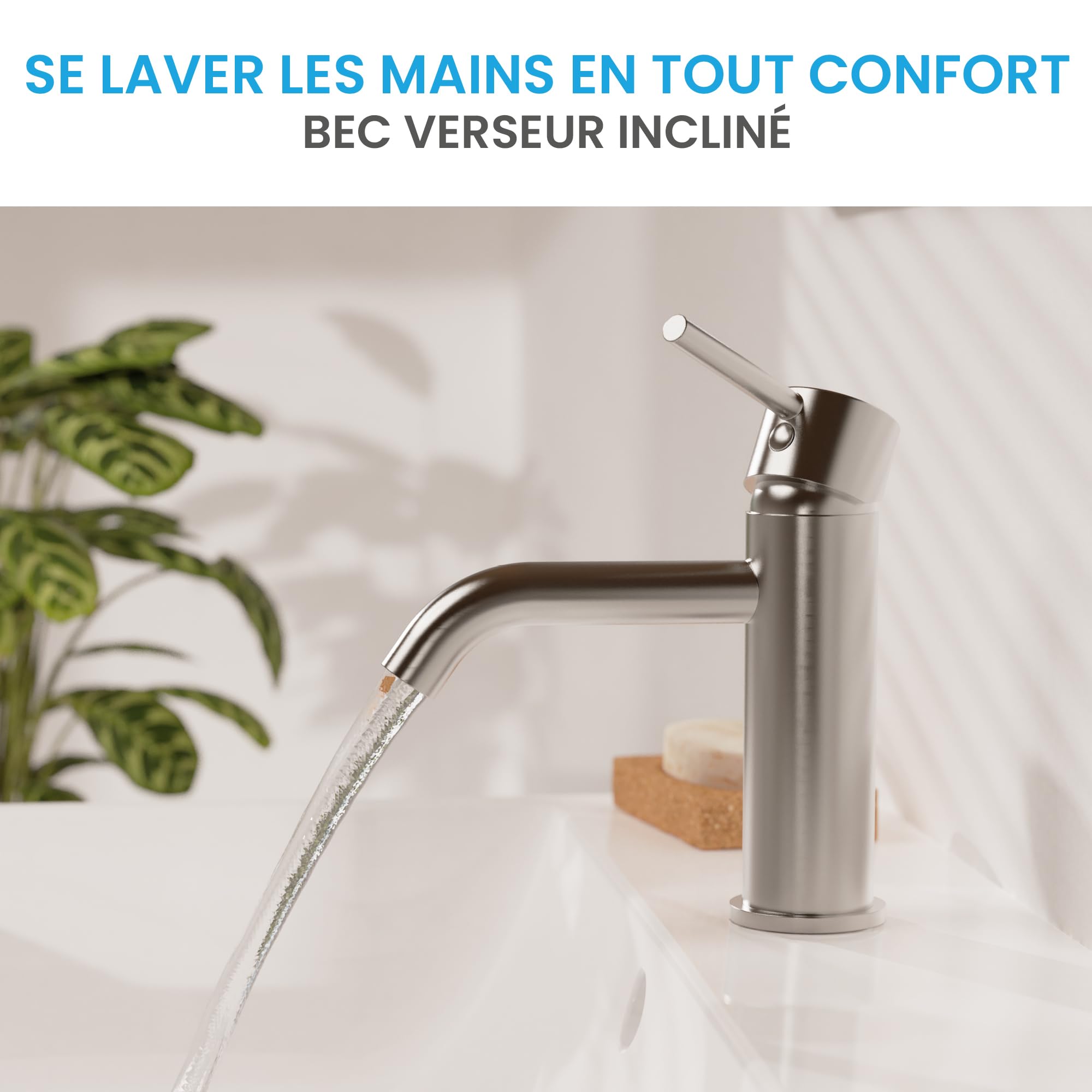 Bächlein Susara Robinet de salle de bain avec bec incurvé, design mitigeur monocommande avec cartouche en céramique durable et kit de montage, robinet de salle de bain en acier inoxydable brossé