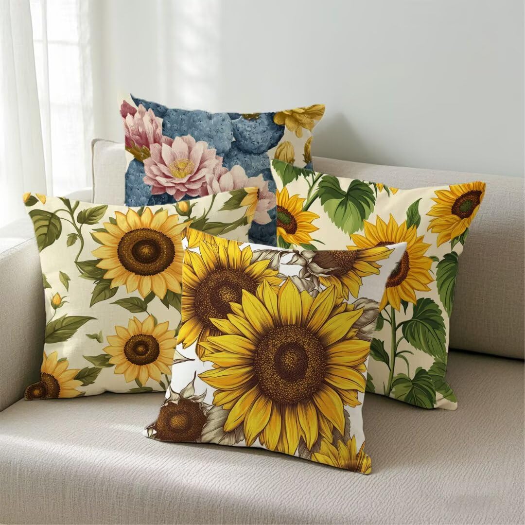 Lot de 4 Housse de Coussin 45x45cm, Housse de Canapé Automne Motif Décoratif Imperméable Lin Taie d'oreiller avec Fermeture Éclair Invisible, Salon Chambre à Coucher Décoration de Maison, Jaune Ym435