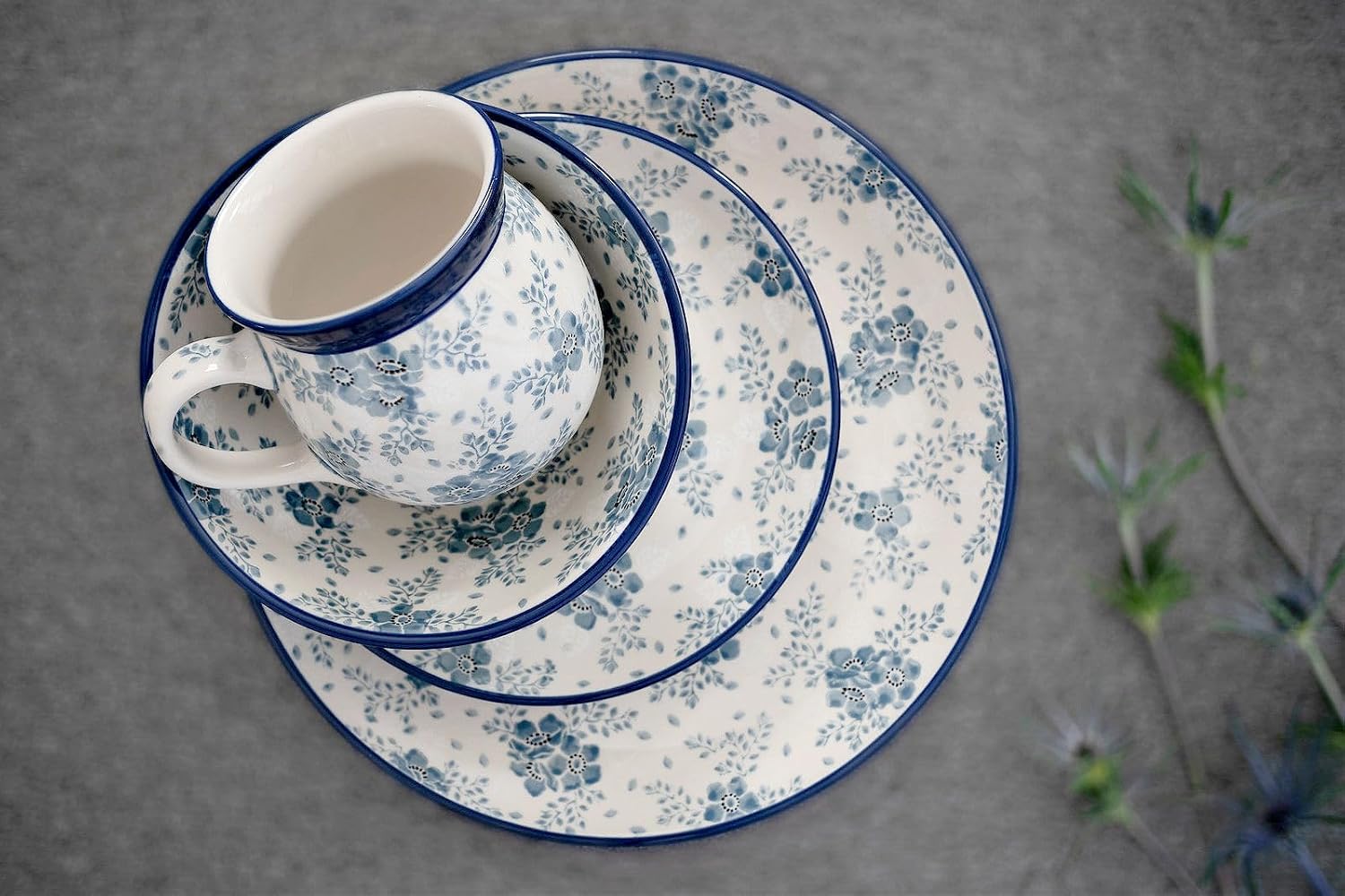 Blue Rose Polish Pottery - Blue Fleur Bubble Mug - 16 oz - Unique Shape Mug for Coffee & Tea