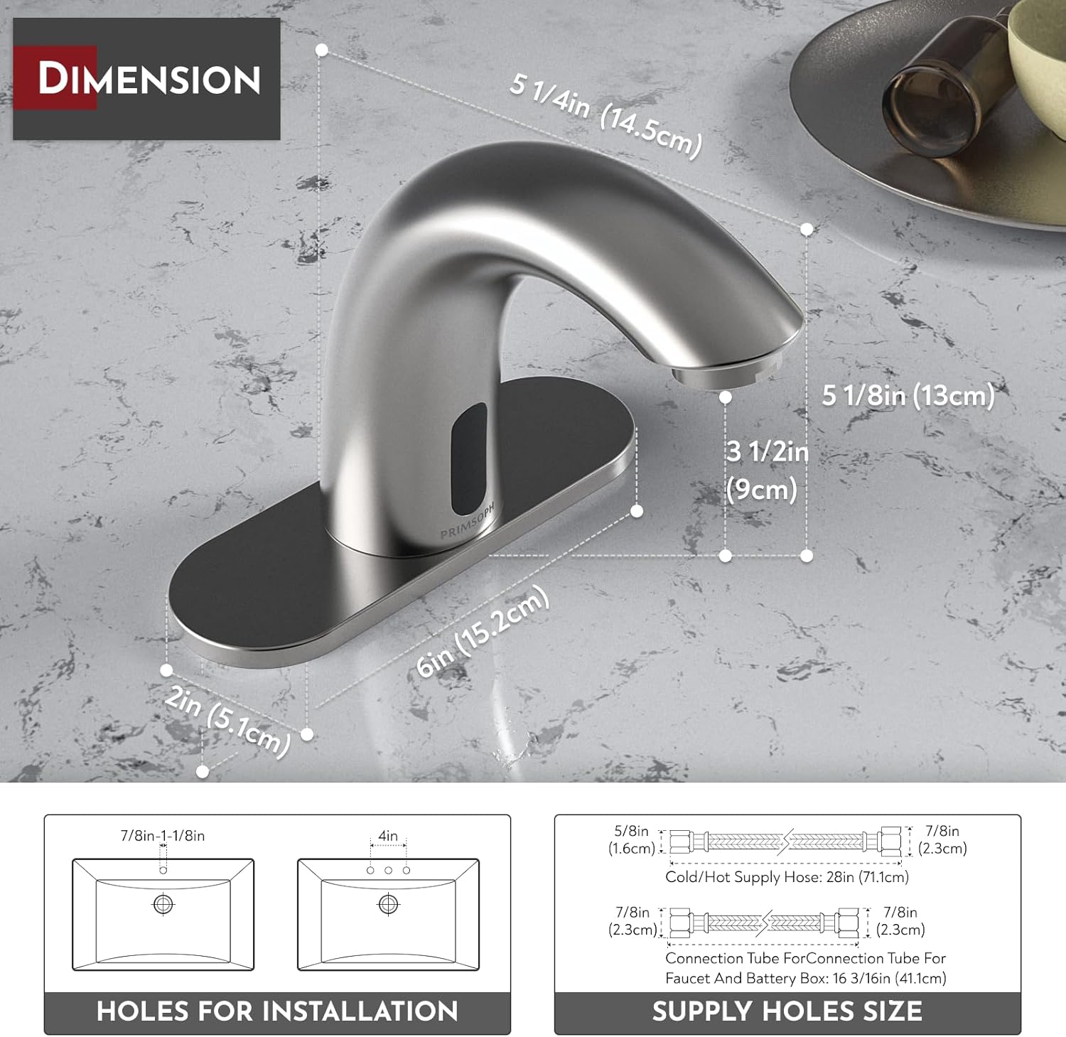 Detailed dimensions of the PRIMSOPH faucet and installation hole requirements