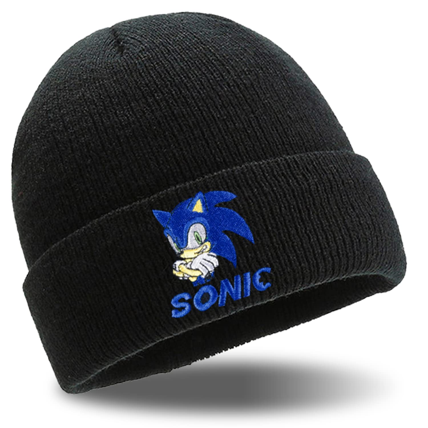 Bonamana Sonic The Hedgehog Beanies Hat Black Knitted Hat with Embroidery for Kid Sonic Hat Winter Daily Knitted Cap Gifts for Boys Girls Teenagers