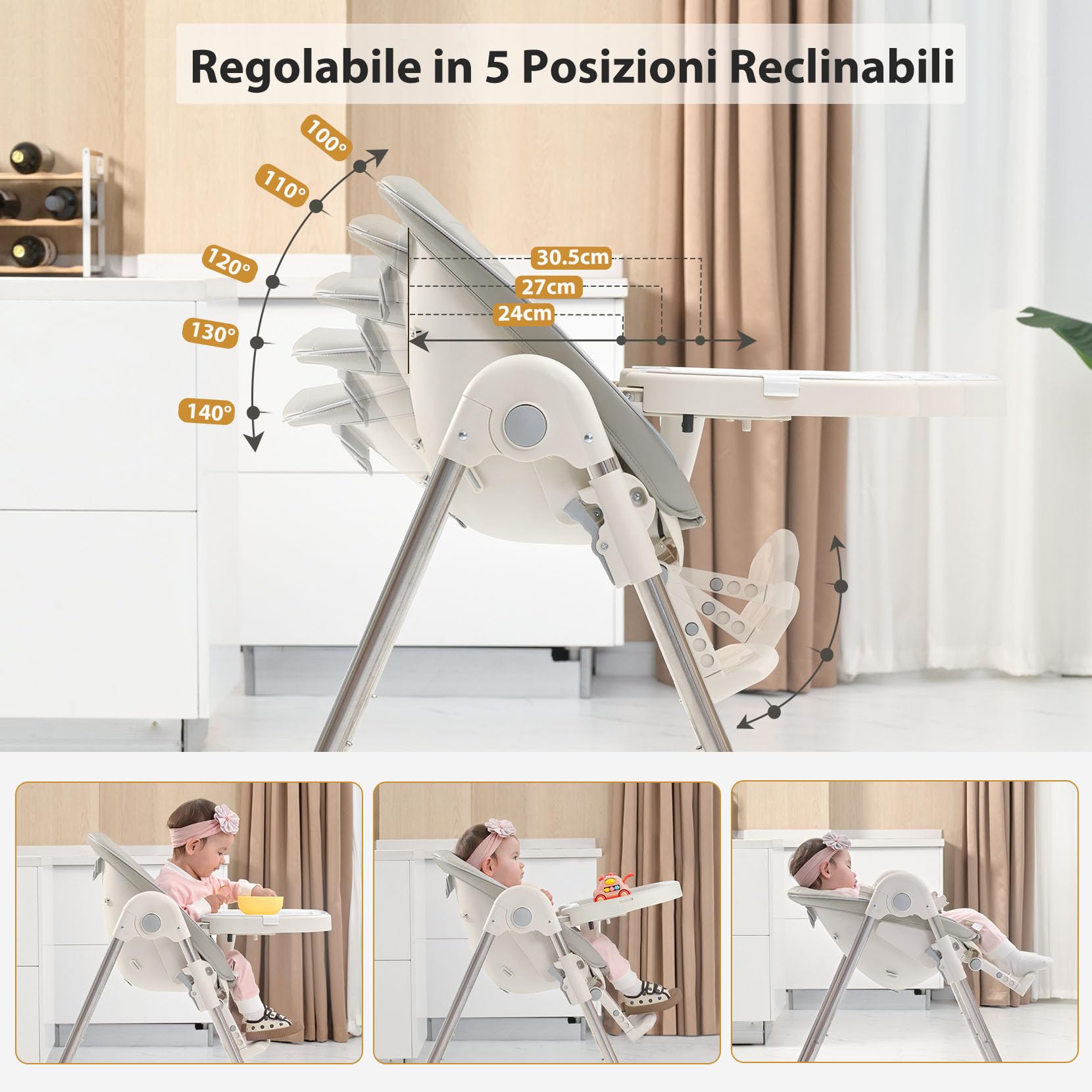 OUNUO Seggiolone Pappa, Seggiolino da Tavolo Pieghevole, Seggioline per bambini da 6 Mesi fino a 6 anni, Piatto da Cena Smontabile, Pedale e Schienale Regolabili in Altezza (Grigio)