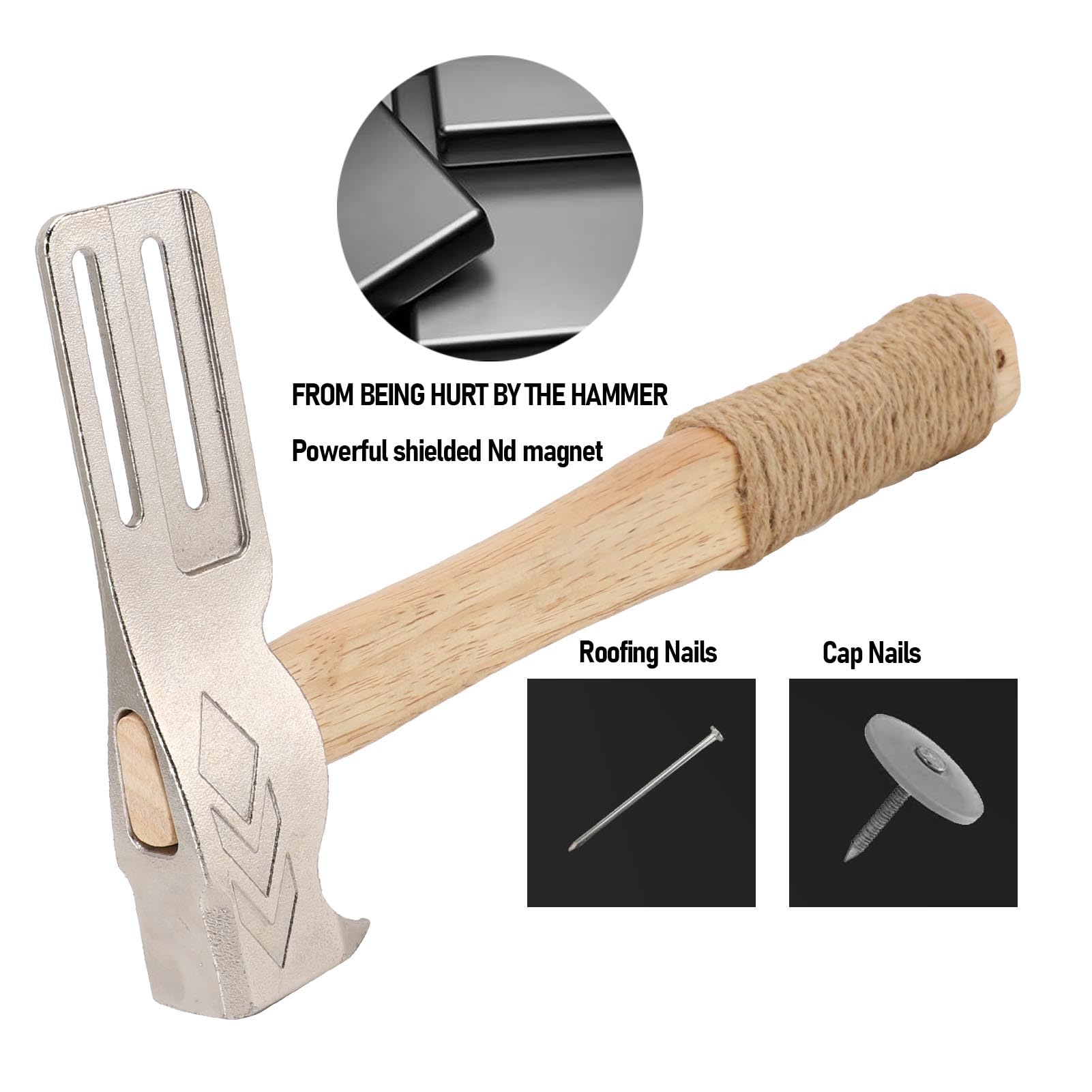Jectse Martillo para Techos Magnéticos, Hacha de Techos de Imán Multifuncional con Herramienta de Techo Mágico de Mango de Madera Maciza para Uñas Rápidas para Techos y Sombreros de