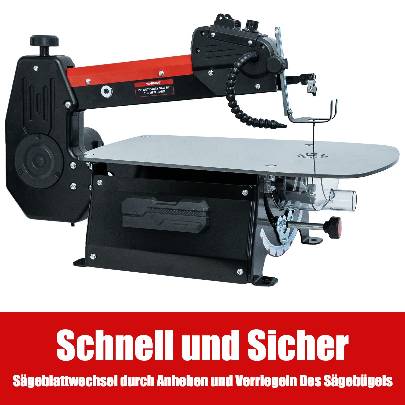 Bucktool Elektryczna piła wyrzynarka 457 mm, z regulacją prędkości obrotowej, 120 W, z obrotowym ramieniem, 127 mm i 130-133 mm bezpinowe brzeszczoty do prac przy drewnie, dla rzemieślników