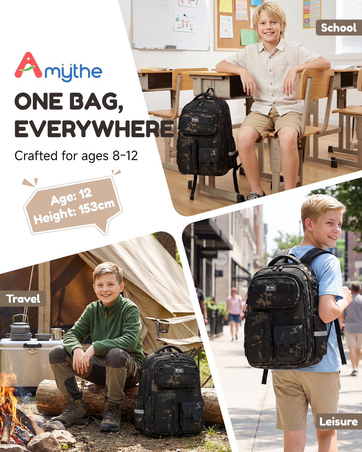 Amythe Schulrucksack Jungen 2-5. Klasse, Ergonomischer Schulranzen Kinder Schultasche für Grundschule, Wasserdicht Leicht Rucksack für Jungs 8-12 Jahre, Camouflage-Schwarz
