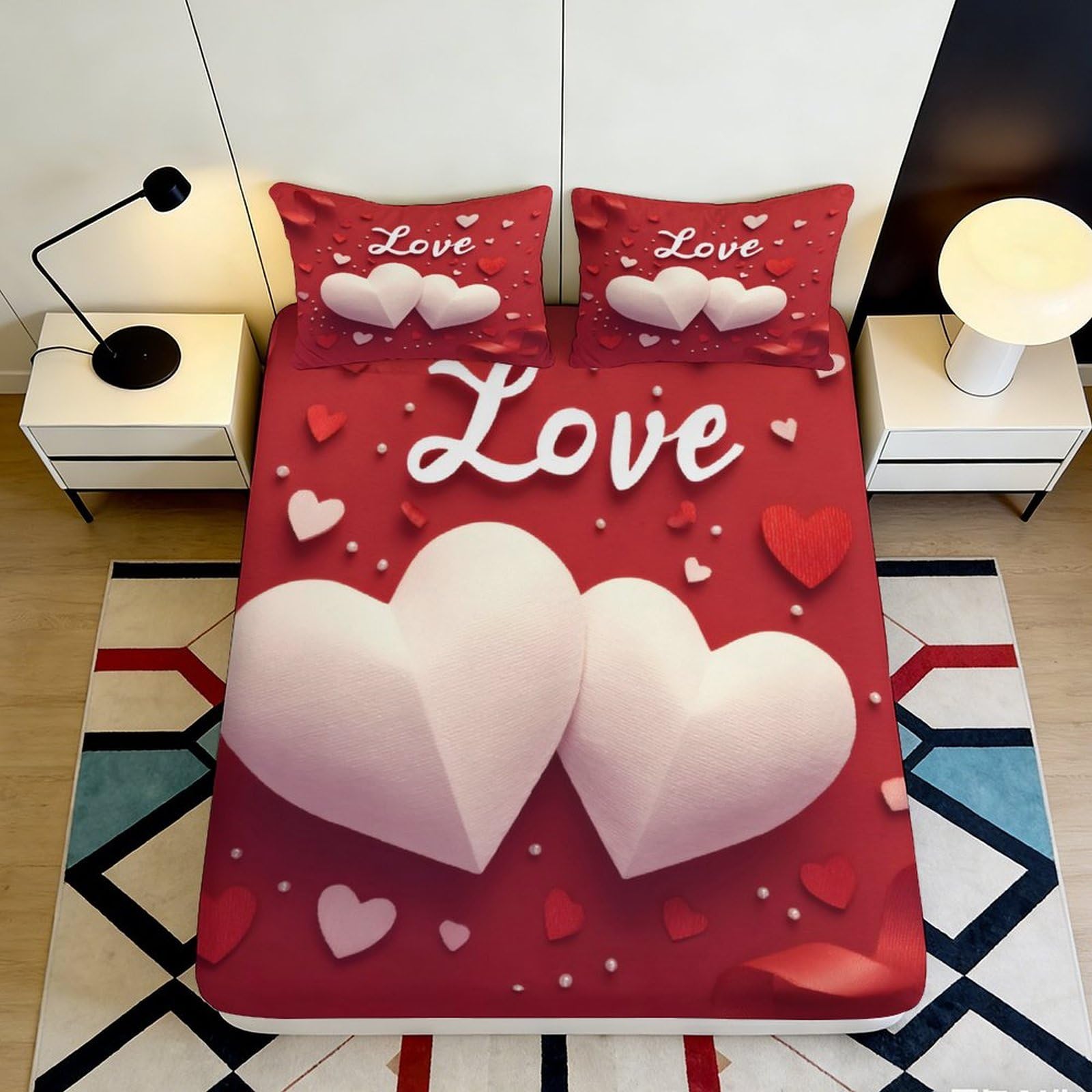 3D Printed Romantic Heart Love Fitted Sheet Microfiber Red Bed Cover for Bedroom Guest Room Mattress Protection 90x200x25cm