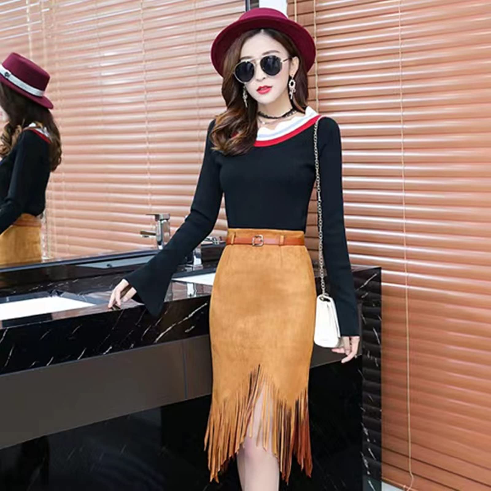 Jupe longue printemps automne crayon longueur genou tricot coton jupe femme taille haute jupe asymétrique, marron, 36