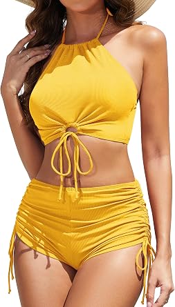 Women High Waisted Shorts Bikini Sets Tummy Control Swimsuit Two Piece Halter Drawstring Bathing Suit