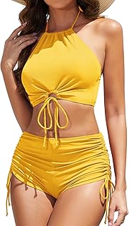 Women High Waisted Shorts Bikini Sets Tummy Control Swimsuit Two Piece Halter Drawstring Bathing Suit