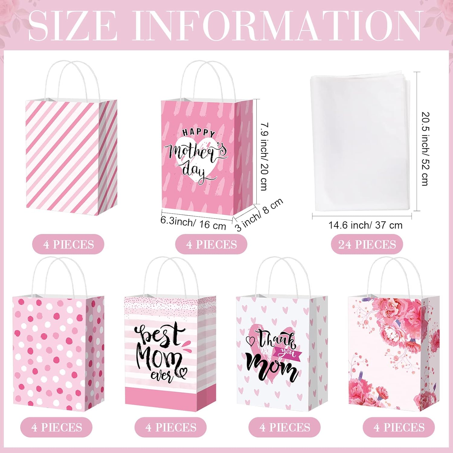 Thenshop 24 Pcs Mother's Day Gift Bags Bulk Happy Mother's Day Gift Paper Bag with Tissue Paper and Handle Best Mom Ever Wrapping Supplies for Mom Theme Party Decation Favors