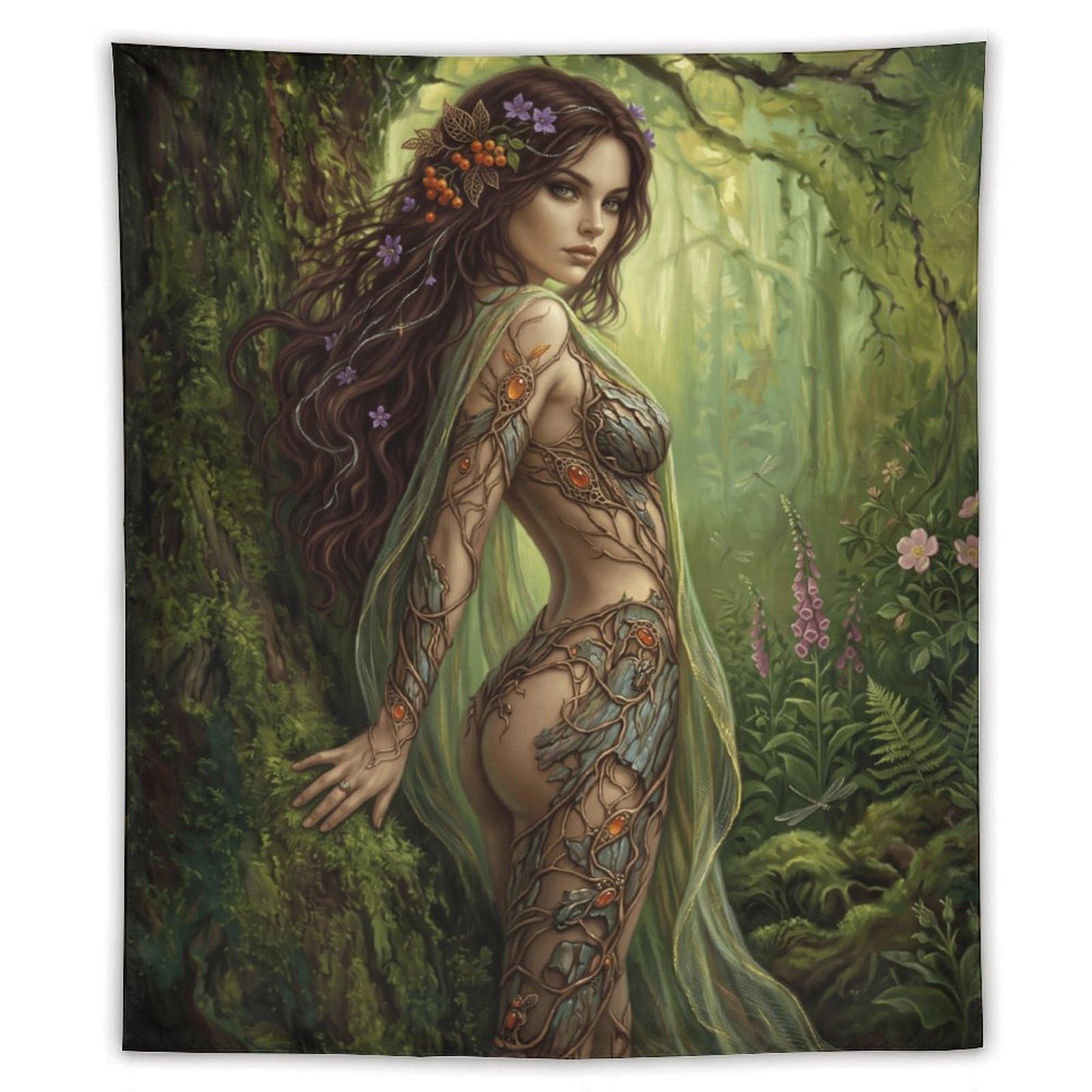 H3B8U2Y5 Botanical Forest Goddess Wall Tapestry, Enchanted Woodland
