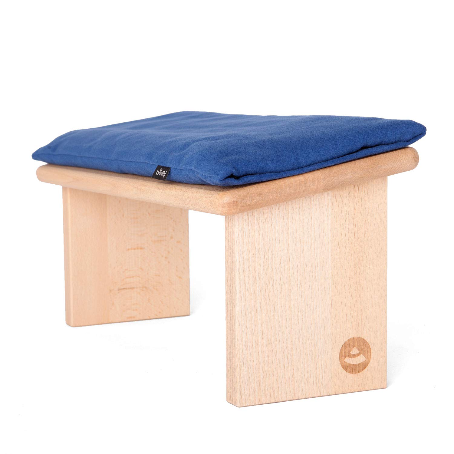 Bodhi Meditationsbank aus Holz (Buche) | Yoga Hocker aus Holz | Kniesitz Medibank für eine Tiefe Meditation | Variation: Lhasa – Buche geölt mit Auflage (blau)
