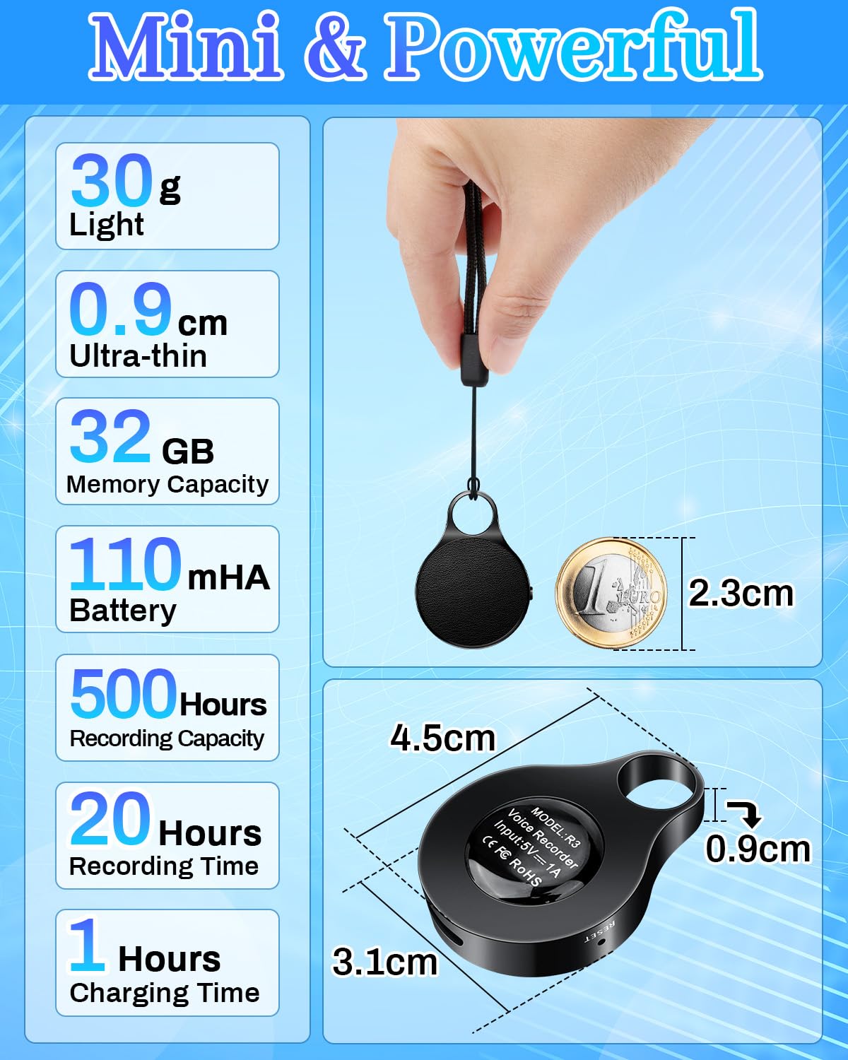 32GB Diktiergerät Mini, Voice Recorder Mini mit Schlüsselanhänger, 1536kpbs Aufnahmegerät mit Rauschunterdrückung, 500 Stunden Kapazität & 20h Laufzeit, Ideal für Meetings, Interviews & Vorträge