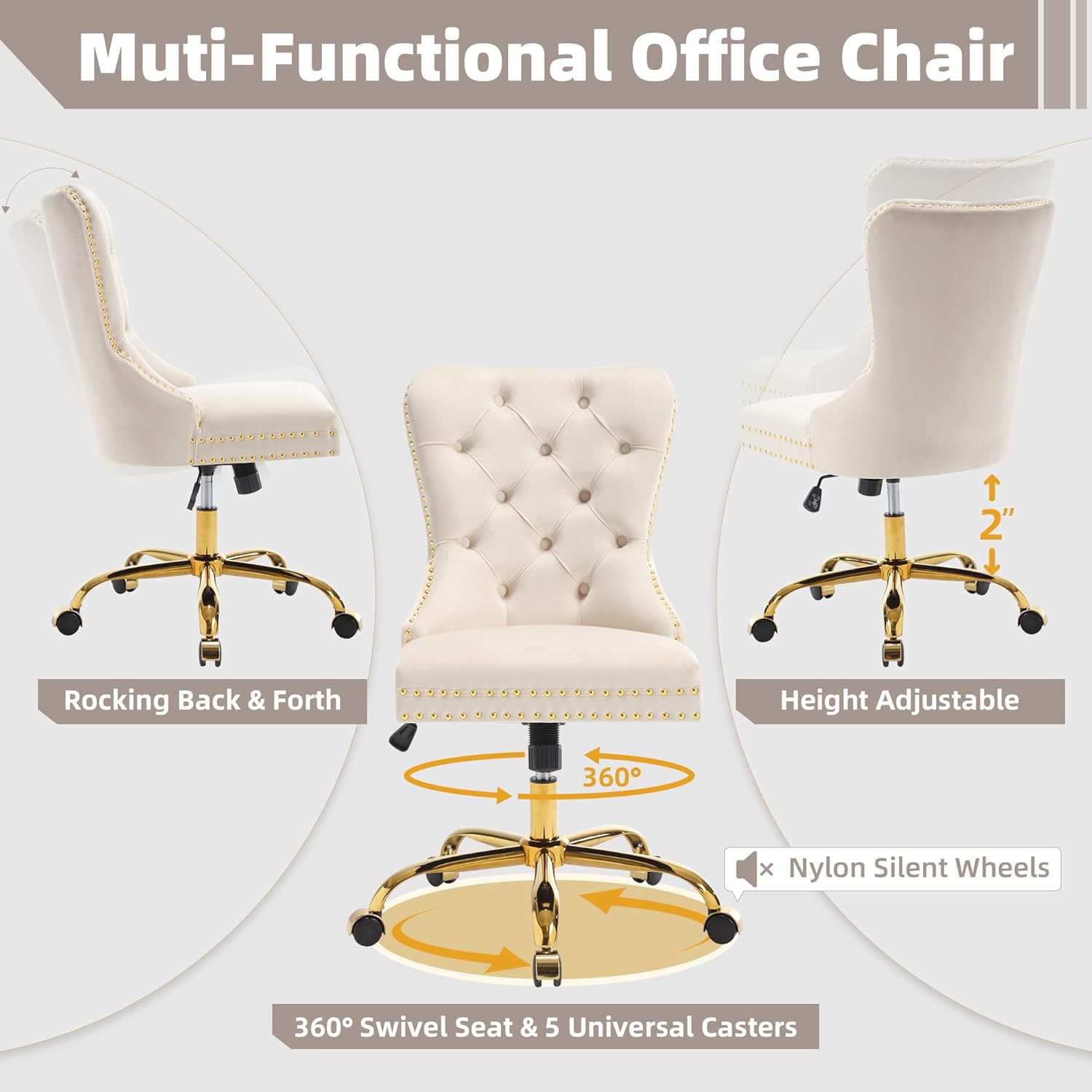 Velvet Home Office Desk Chair, Height Adjustable Vanity Chair withTufted Back, Swivel Comfy Seat, Luxury Rivet Trim, Golden Base for Bedroom Living Room, Beige