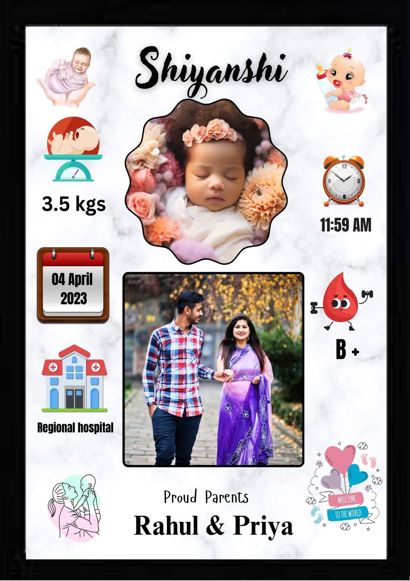 Personalized Baby Birth Announcement Photo Frame, Marble Design with Birth Details and Parents Photo, A4 Size-image-27
