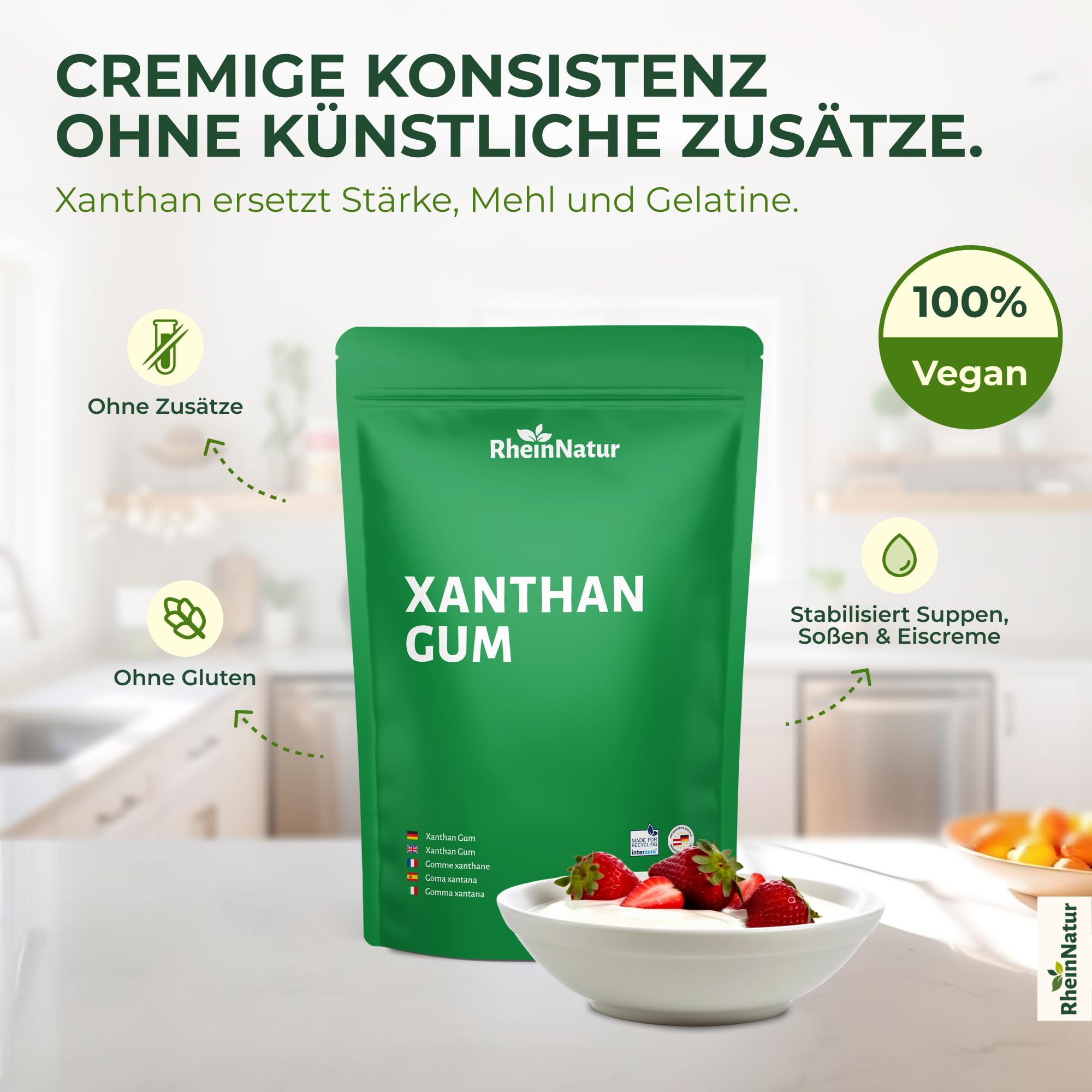RheinNatur Guma ksantanowa w proszku 250 g – naturalny środek wiążący – stabilizator do lodów, zup, sosów – guma ksantanowa – środek zagęszczający – neutralny w smaku i wegański