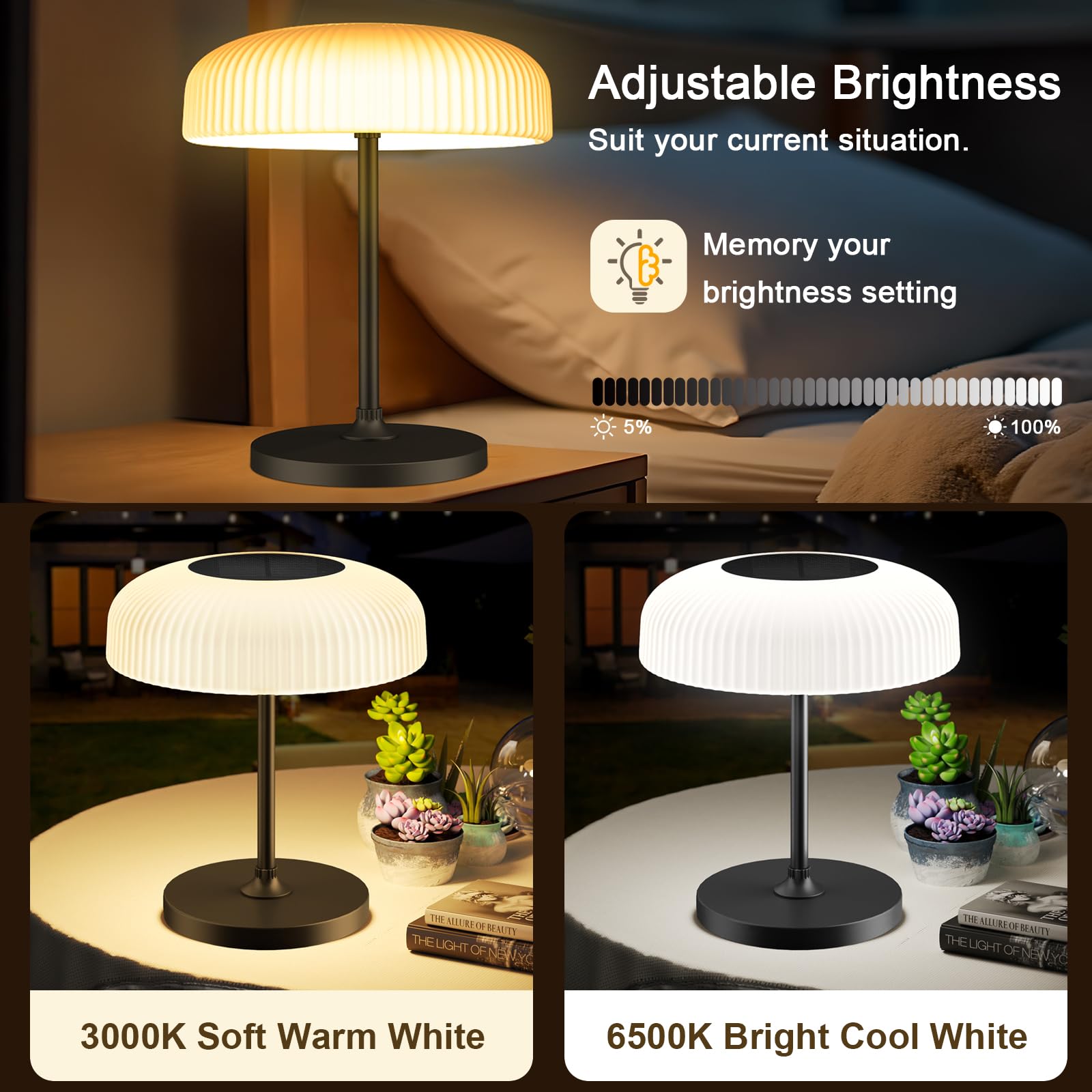 Auting Lámpara de mesa LED, IP44, lámpara de mesa solar para exteriores con regulador táctil y batería, cable de carga USB-C, lámpara de noche, lámpara de lectura, lámpara LED, elegante para