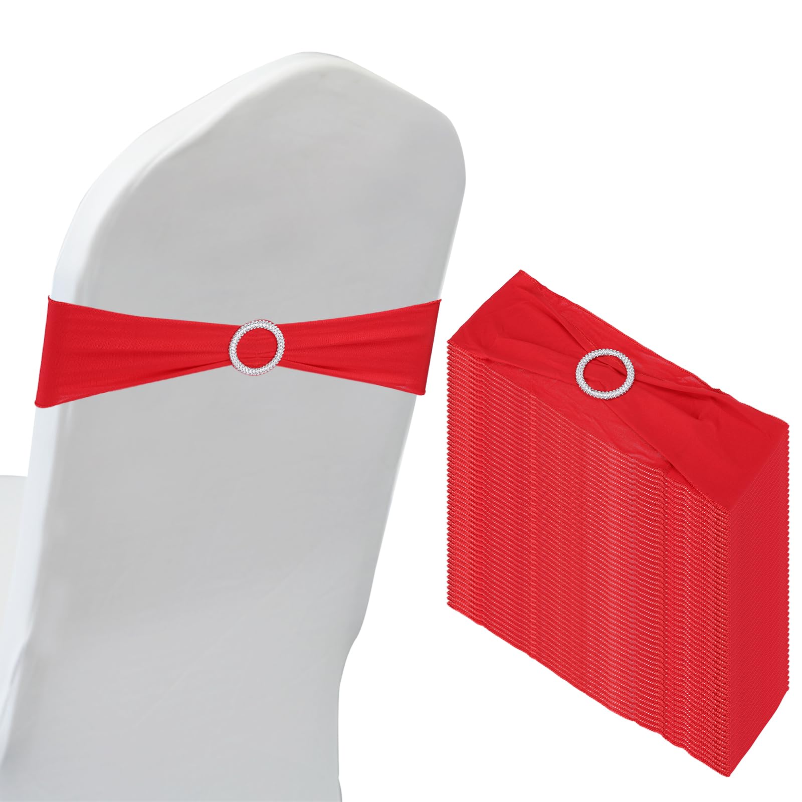 PATIKIL 14"x5" Stretch Chair Sashes Bows, 50 Pack Elastic Chair Bands Sashes with Buckle Slider for Wedding Banquet Decorations Red