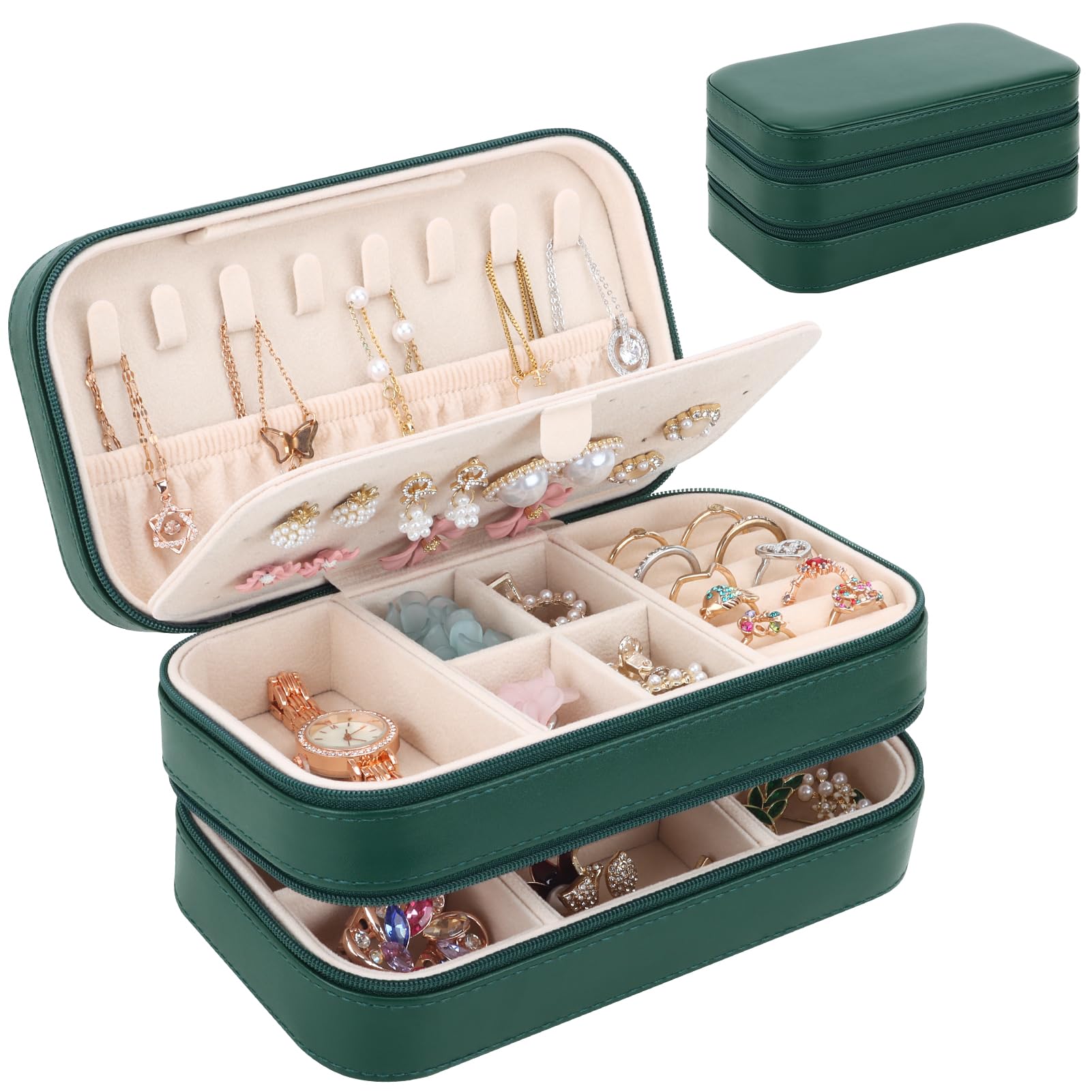 DesignSter Scatola Portagioie, Scatola Porta Gioielli Portatile con Specchio, Portagioie da Viaggio con Maniglia per Anelli, Orecchini, Bracciali e Collane, Beige e Rosa