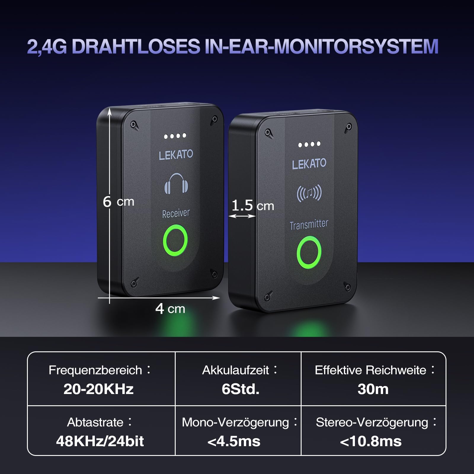 LEKATO MS-02 Drahtloses In-Ear Monitoring System, Professionelles kabelloses 2.4G IEM-System mit Sender & Empfänger im Mono- und Stereo-Mode, Eins zu Mehr- geeignet für Bandproben und Live-Auftritt