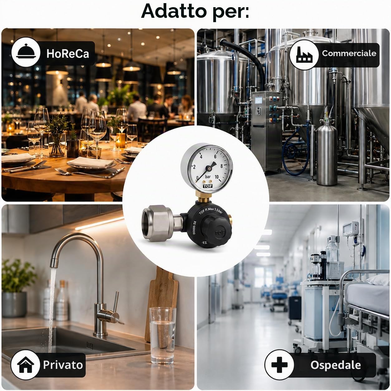 Riduttore di pressione CO2 per bottiglie riutilizzabili fino a 5,5 bar, UE con attacco W21,8 x 1/14" + connettore tubo 6 connettori per impianti di irrigazione, adatto anche per uso acquario