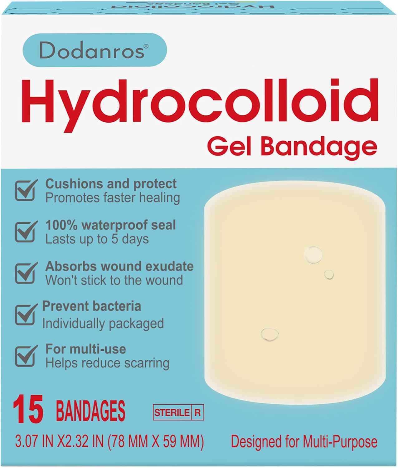 Dodanros Advanced Fast Healing Large Hydrocolloid Gel Bandages, Adhesive Wound Care Pads, 3.07 * 2.32 in （15 Count）
