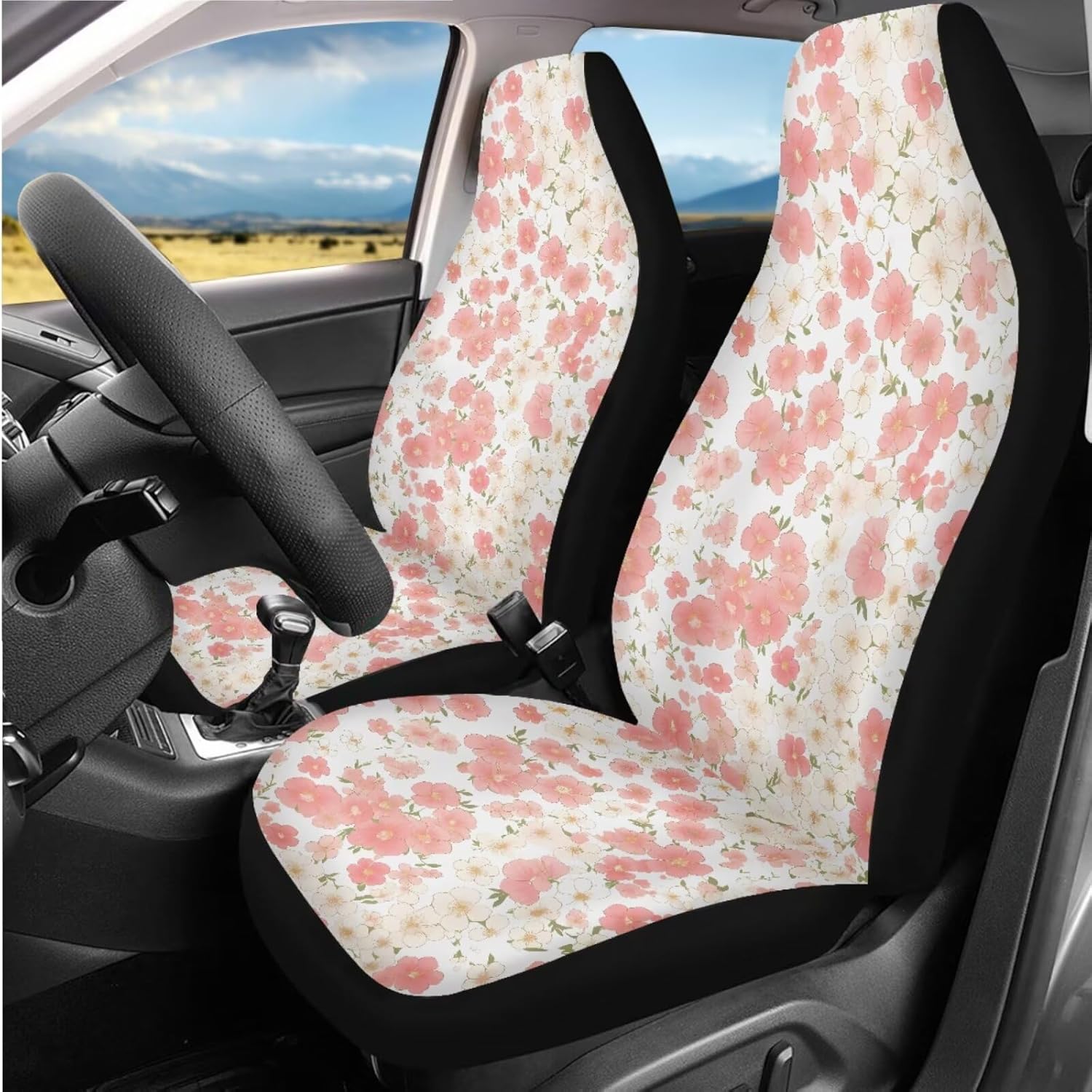 Cute Ditsy Floral Print Car Seat Covers for Men Women Watercolor Pink Flower Painting Washable 11 Pcs Car Seat Covers with Seat Belt Cover, Armrest Cover and Cupholder Pad