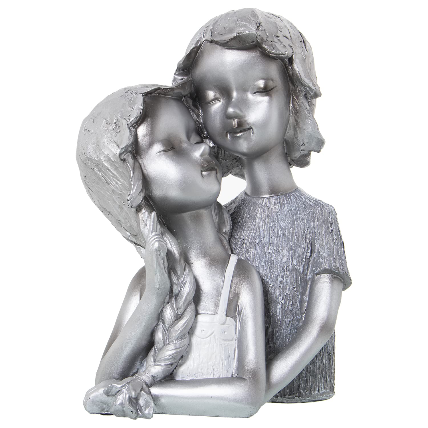 Statue en résine couple d'enfants argentés | Symbole de tendresse 28cm