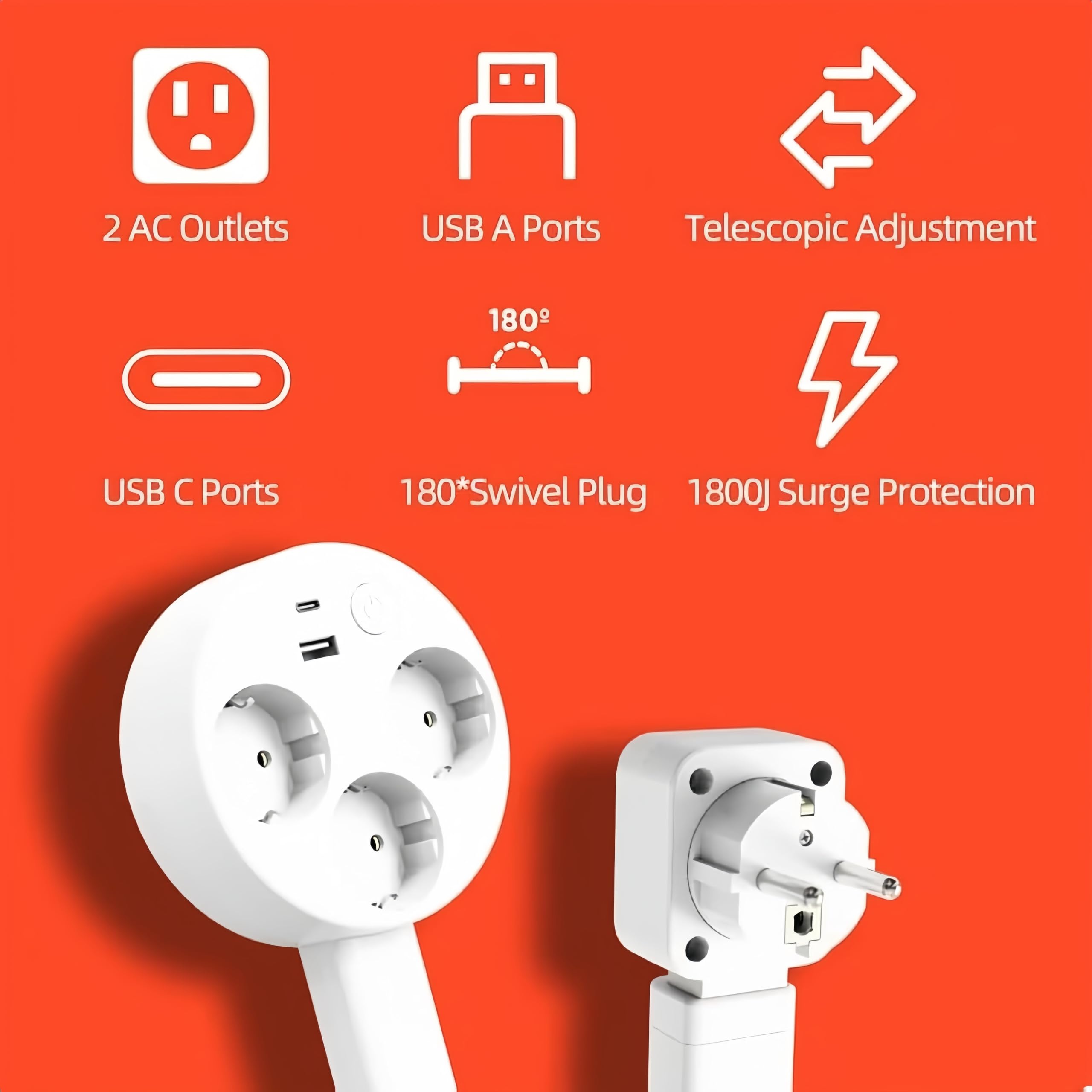 Przedłużacz elektryczny przedłużający i pływający z 2 gniazdami i USB-C Extendible od 47 do 67 cm na sofę i biurko