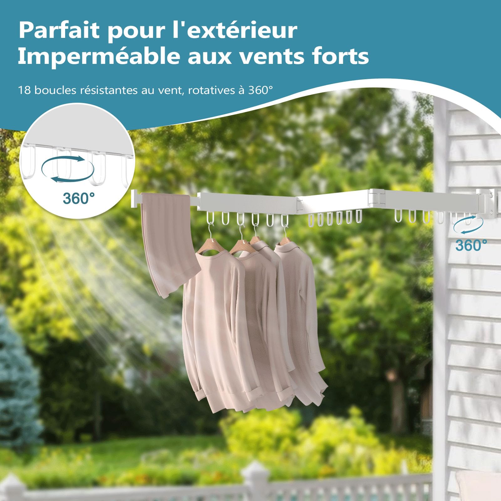 JAUREE Séchoir à Linge Murale, Séchoir à Linge Escamotable et Pliable, Séchoir à Vêtements Mural Économiseur d'Espace, Séchoir Rétractable Tripliable pour Intérieur/Extérieur avec 18 Crochets, Blanc