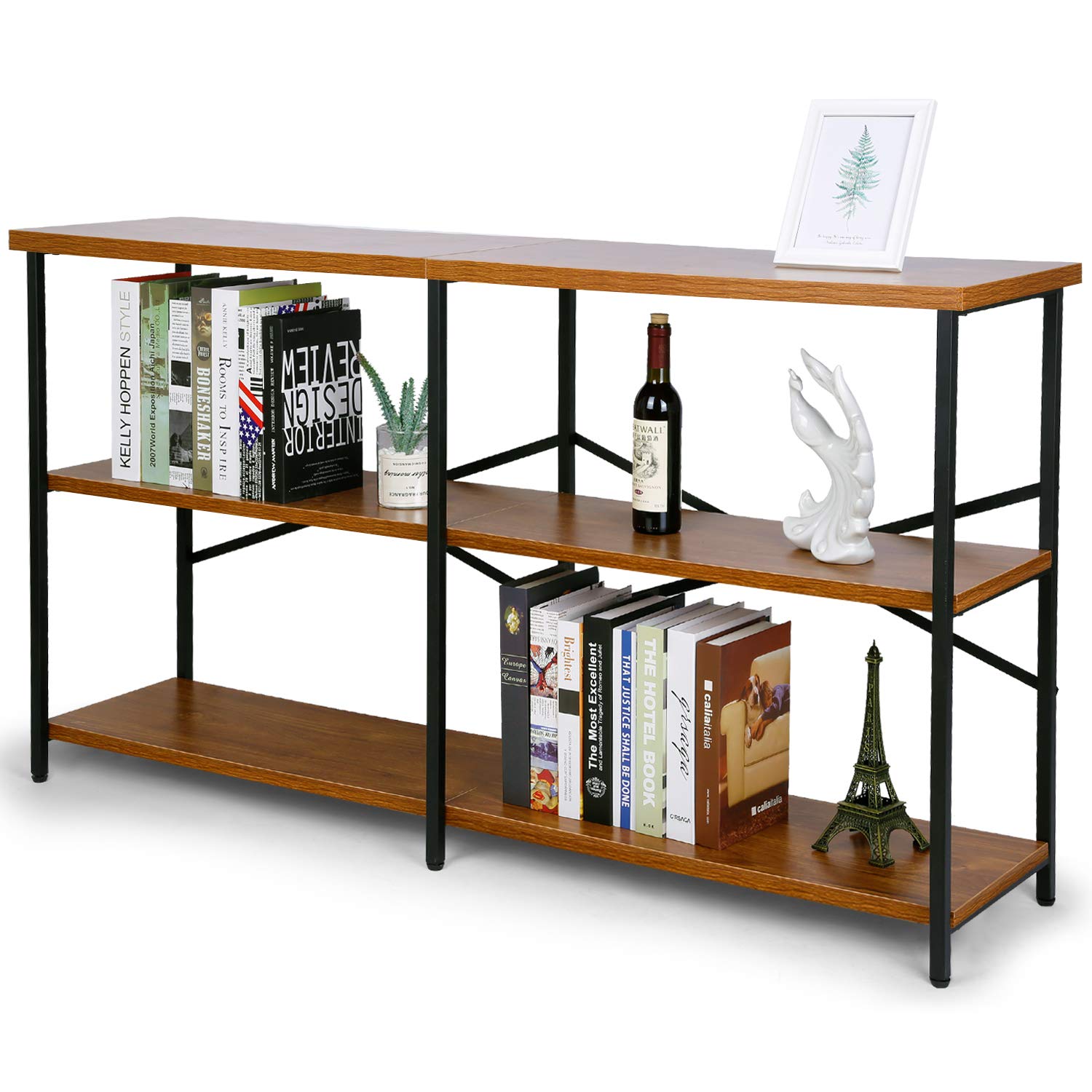 TUSY Industrial Console Sofa Table, 3 Tier X-Design Rustic Console Side Table for Entryway Living Room Hallway, Easy Assembly Style Wood and Metal Frame, Brown Oak