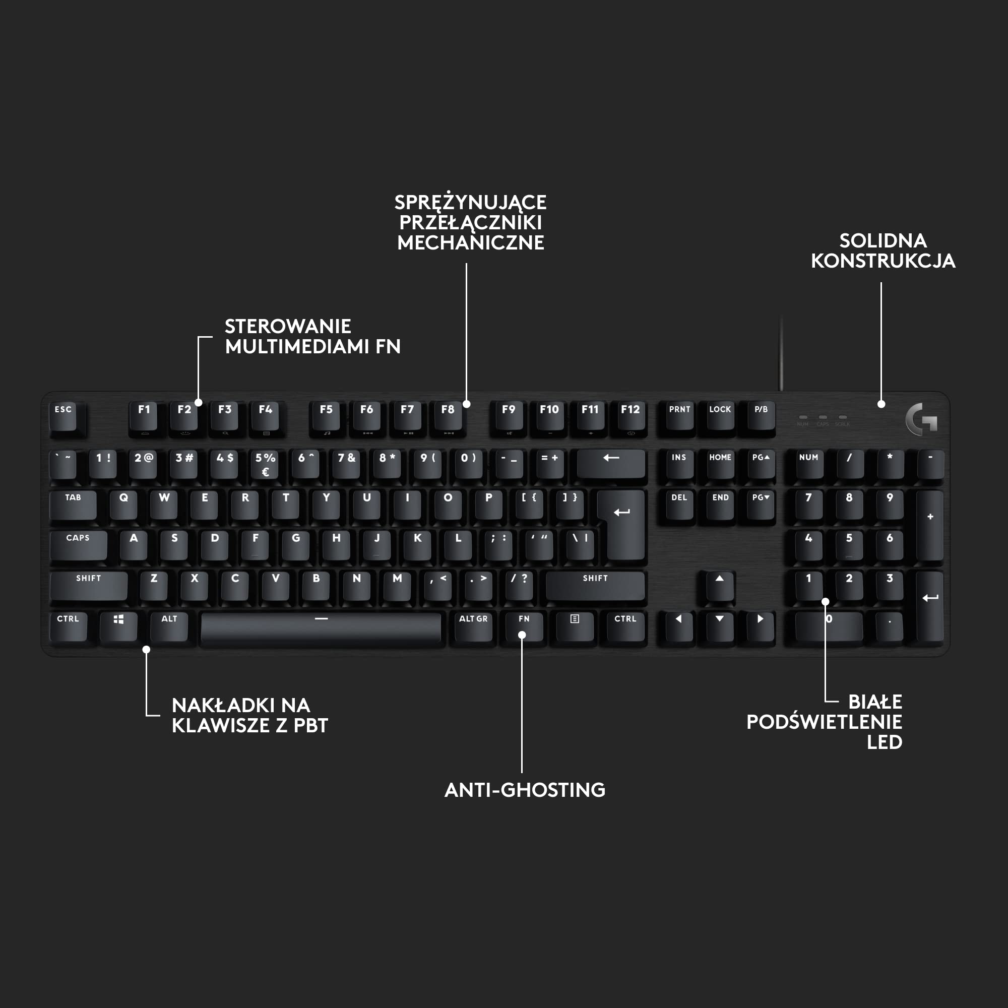 Logitech G G413 SE pełnowymiarowa, podświetlana klawiatura mechaniczna dla graczy z dotykowymi przełącznikami mechanicznymi, Anti-Ghosting, Windows/macOS, QWERTY układ US international - Czarny