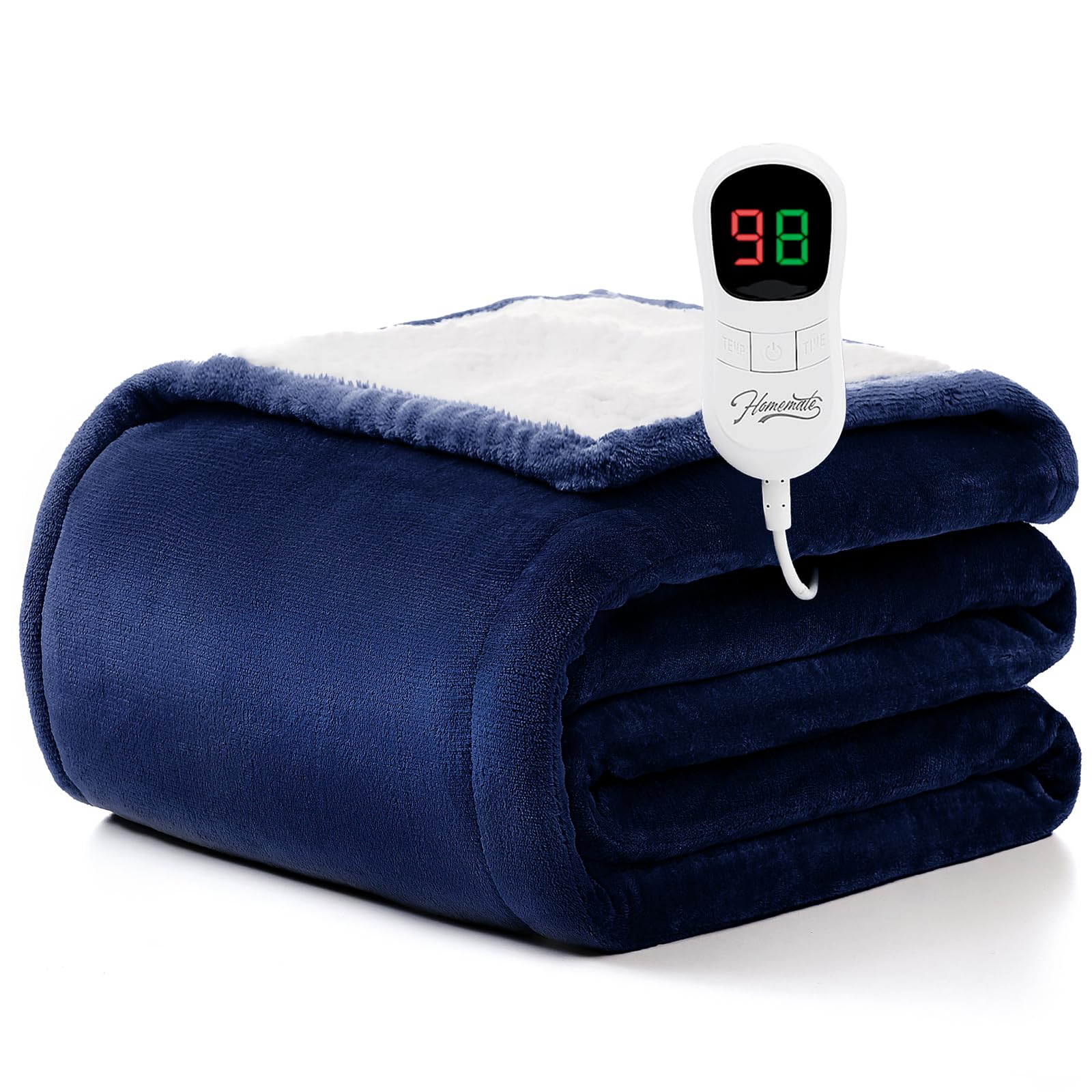 Homemate Heated Blanket Electric Throw - 50"x60" Heating Blanket Throw 1/2/4/6/8 Hours Auto-Off 10 Heat Level Over-Heat Protection Flannel Sherpa ETL Certification Navy Blue 50 Inch x 60 Inch