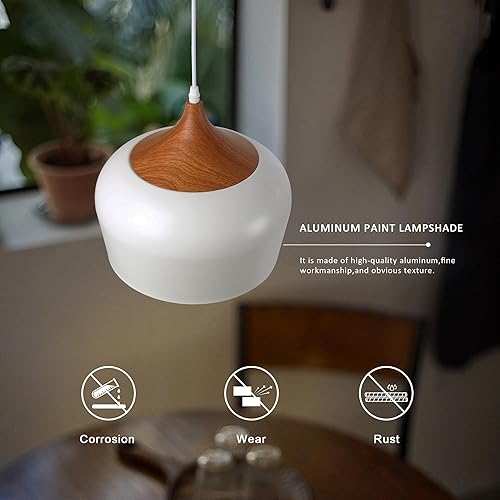 Miniatura 2 de SUNLLOK Lámpara colgante blanca moderna, con patrón de madera, cúpula minimalista hacia abajo, lámpara colgante de techo, lámpara industrial para