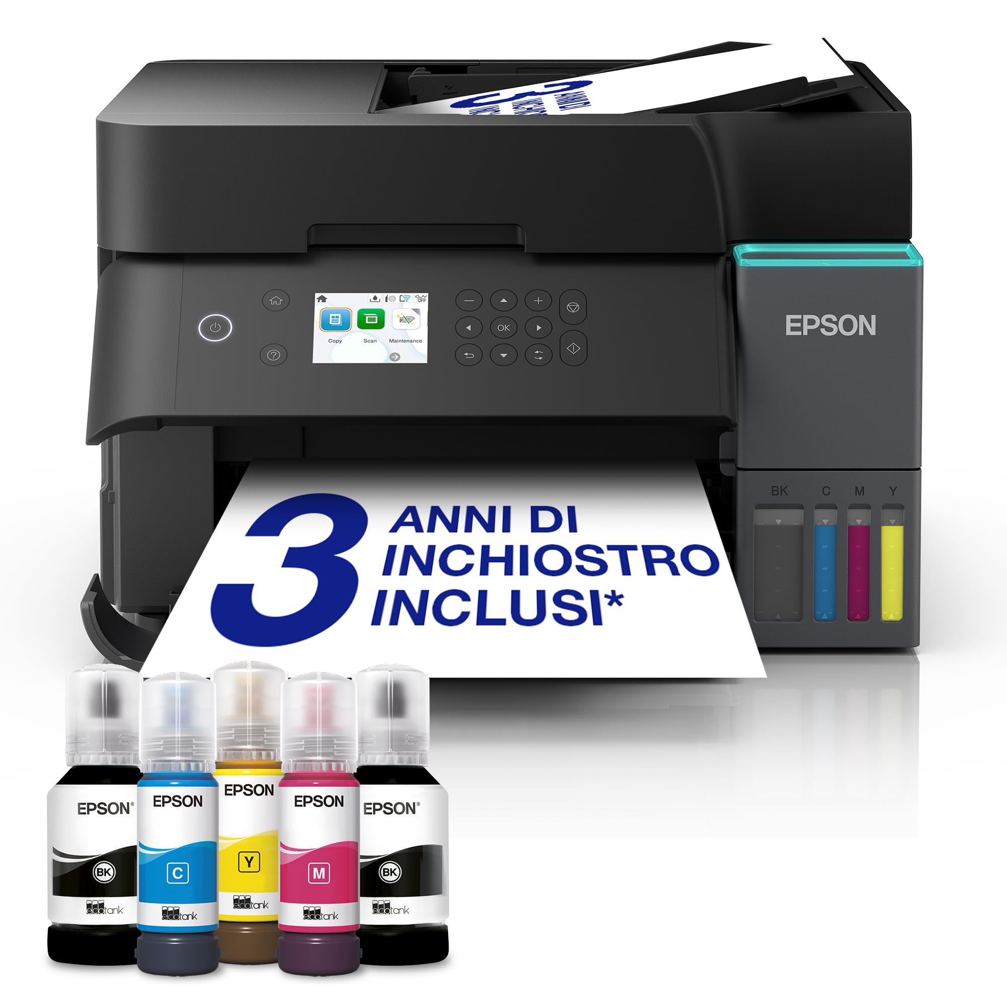 Epson EcoTank ET-3950 Stampante con Serbatoi D’inchiostro | Home Office | Wi-Fi | A4 | Fronte/Retro Stampa, Copia, Scansione | Display LCD 6.1 cm | ADF Da 30 Fogli | 3 Anni D'Inchiostro Inclusi