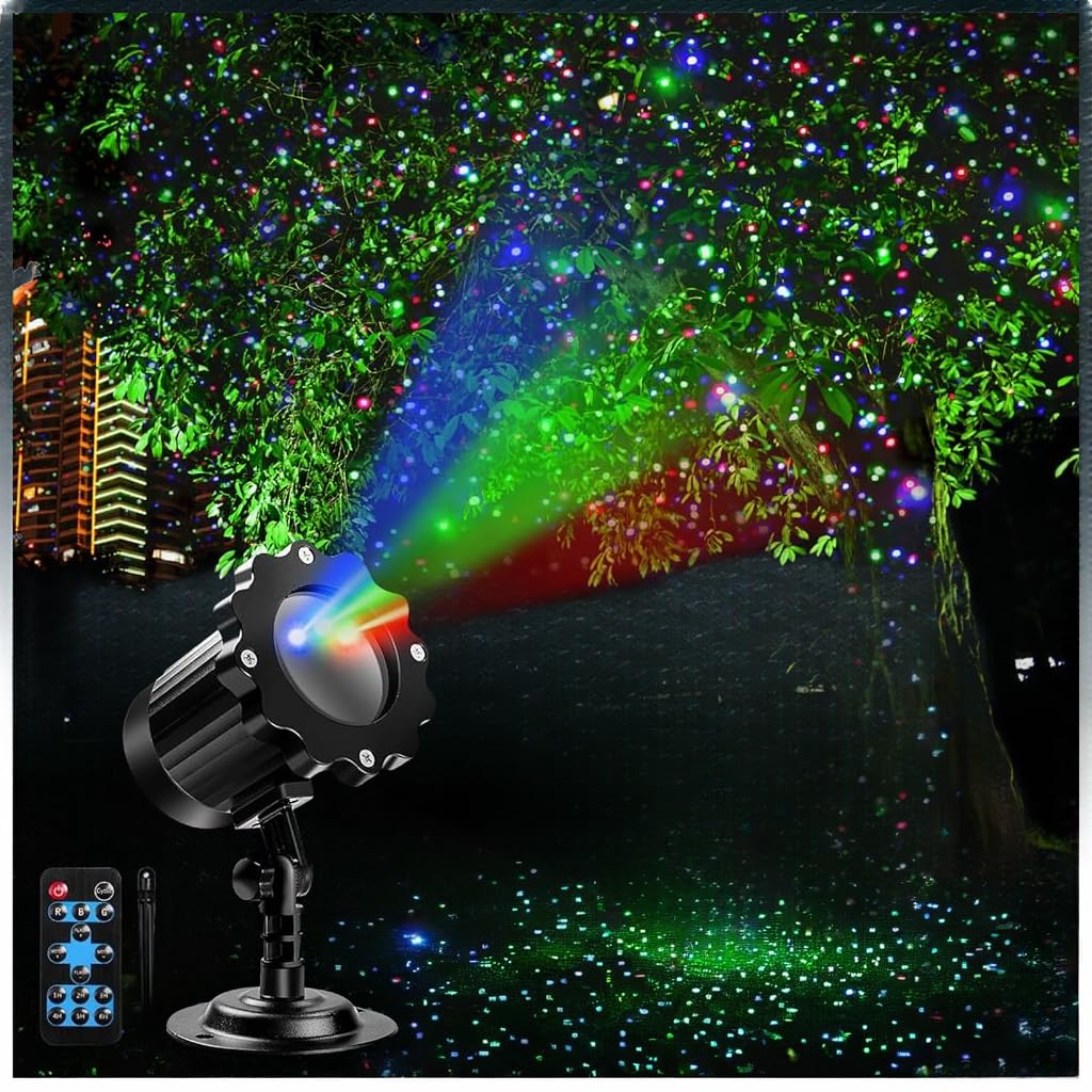 Outdoor RGB Laser Projector Lights, Moving 3 Color Starry Sky & Firefly Effects Projection Light with RF Control, IP65 Outdoor Holiday Landscape Decor for Christmas Halloween Parties Garden New Year