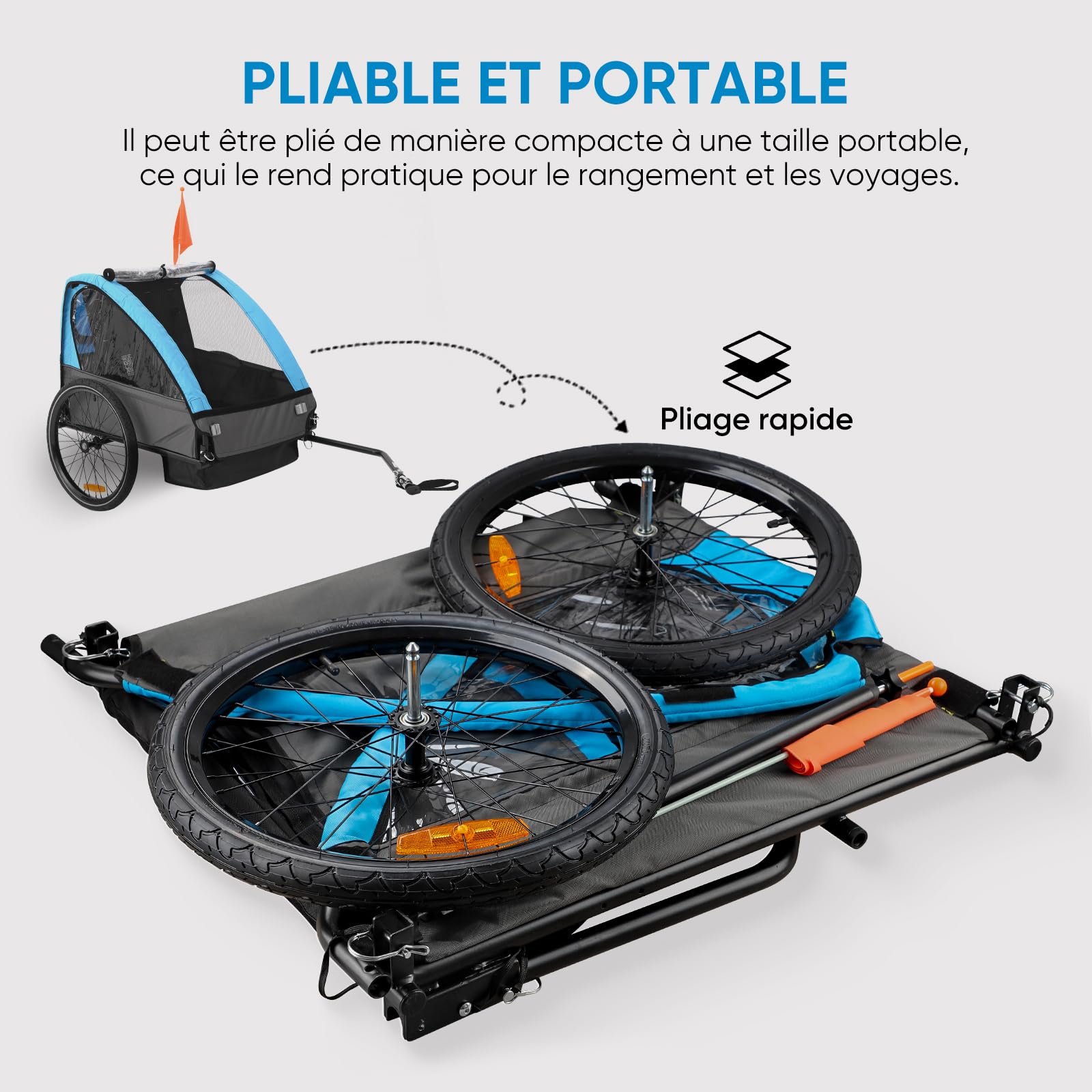 SEPNINE Remorque pour Enfant, 2 Places, véhicule Tout-Terrain pour Enfant, Ceinture de sécurité intégrée, Pliable avec Frein à Main, pour 1 à 2 Enfants de 40 kg Maximum - Bleu Clair