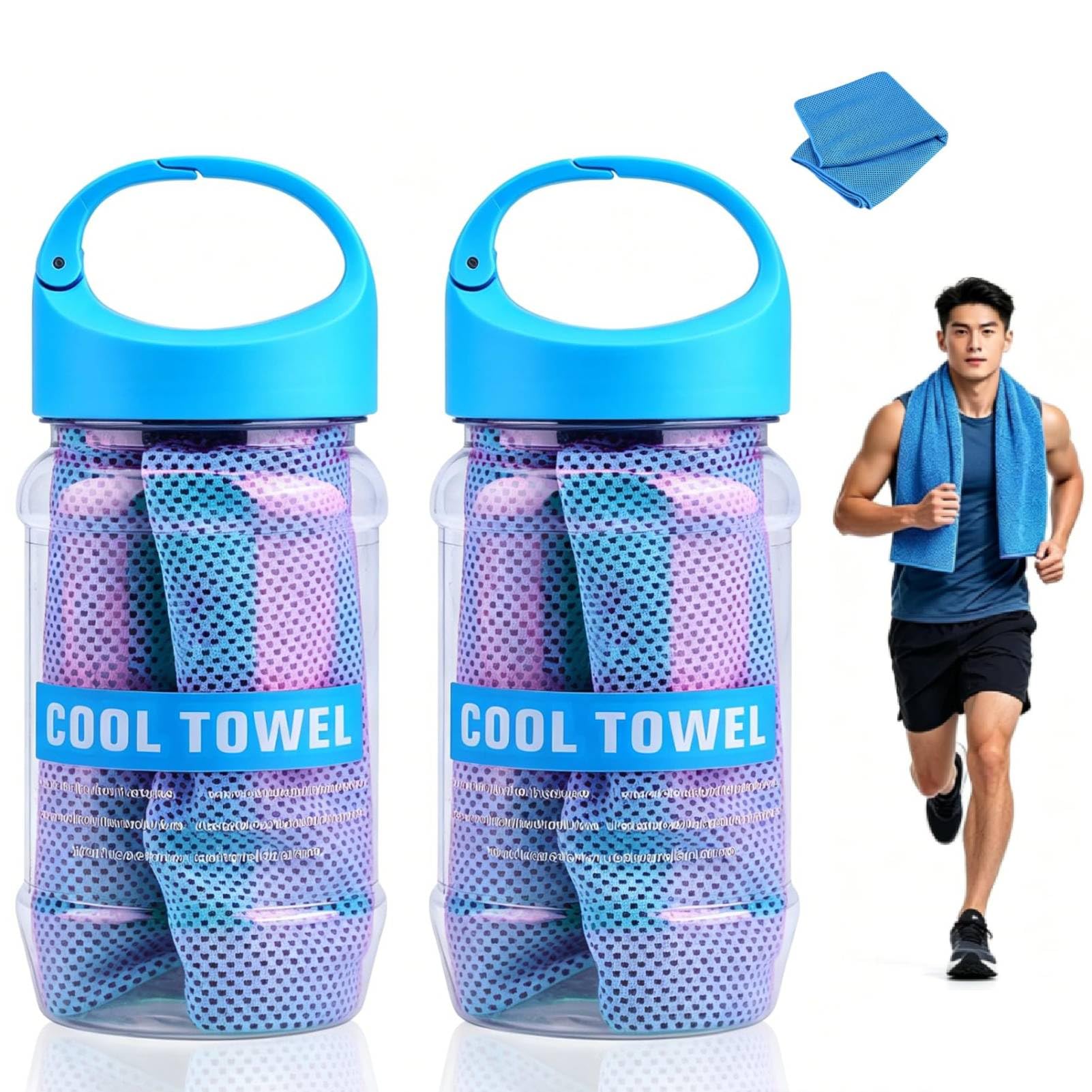 Jwthee 2 Pack Cooling Towels, 40 x 12 Inch Reusable Ice Towel with Storage Bottle Quick Dry Polyester Cooling Neck Wraps, Soft Breathable Chilly Towel for Yoga Gym Running Camping Sports (Light Blue)