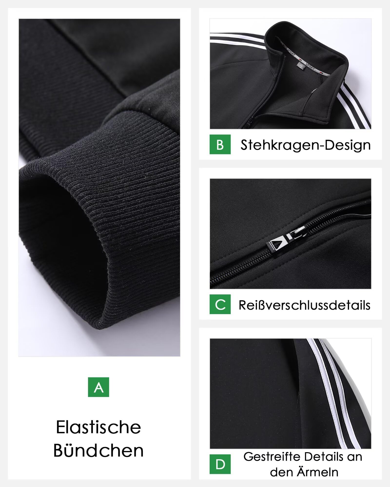 2 Pcs Herren Trainingsanzug Polyester Jogginganzug Herren mit Reißverschluss Sportswear Atmungsaktiv Tracksuit Fußball Teenager Sportanzug Freizeitanzug Männer Fitness Gym,Schwarz L