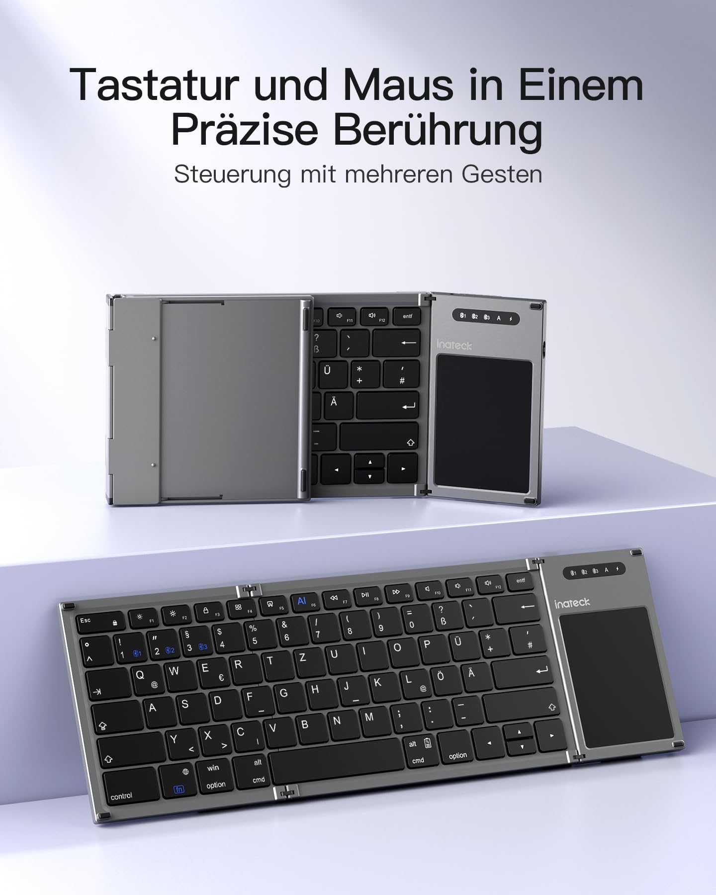 Inateck Faltbare Mini Tastatur, KI-Funktion mit Touchpad,3 Bluetooth-Kanälen, kompatibel mit iPadOS Android, Windows, QWERTZ, KB06101