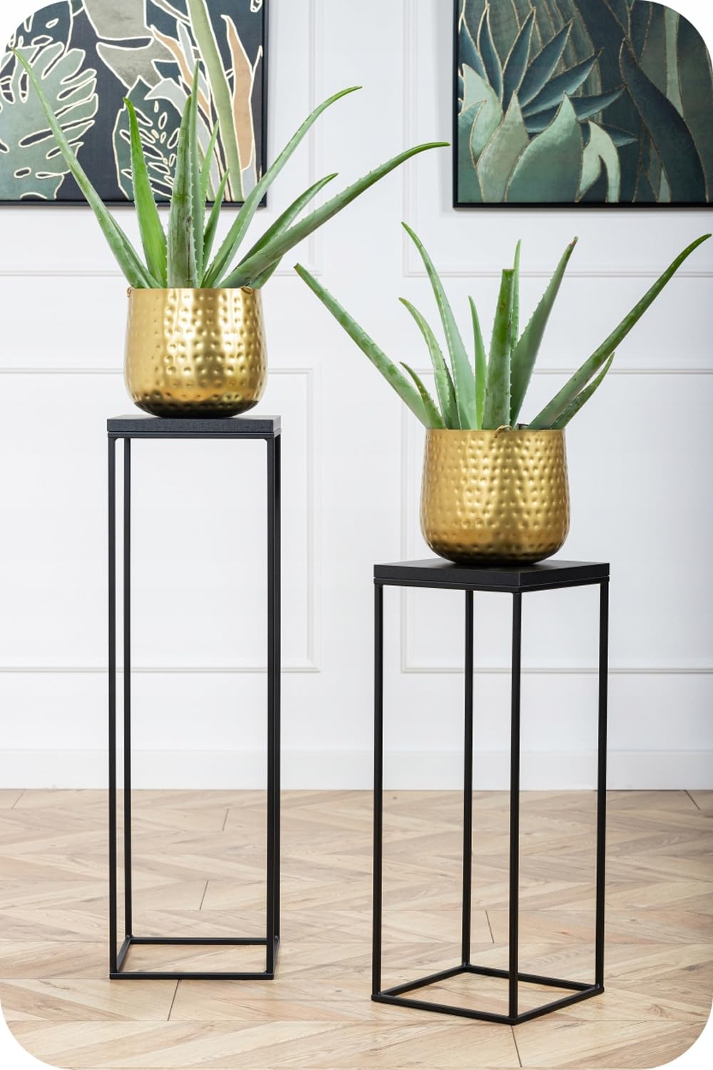 Supporto per piante in metallo, altezza 60 cm, stabile e solido, in stile loft, supporto per fiori con pannello in MDF nero per la decorazione di interni