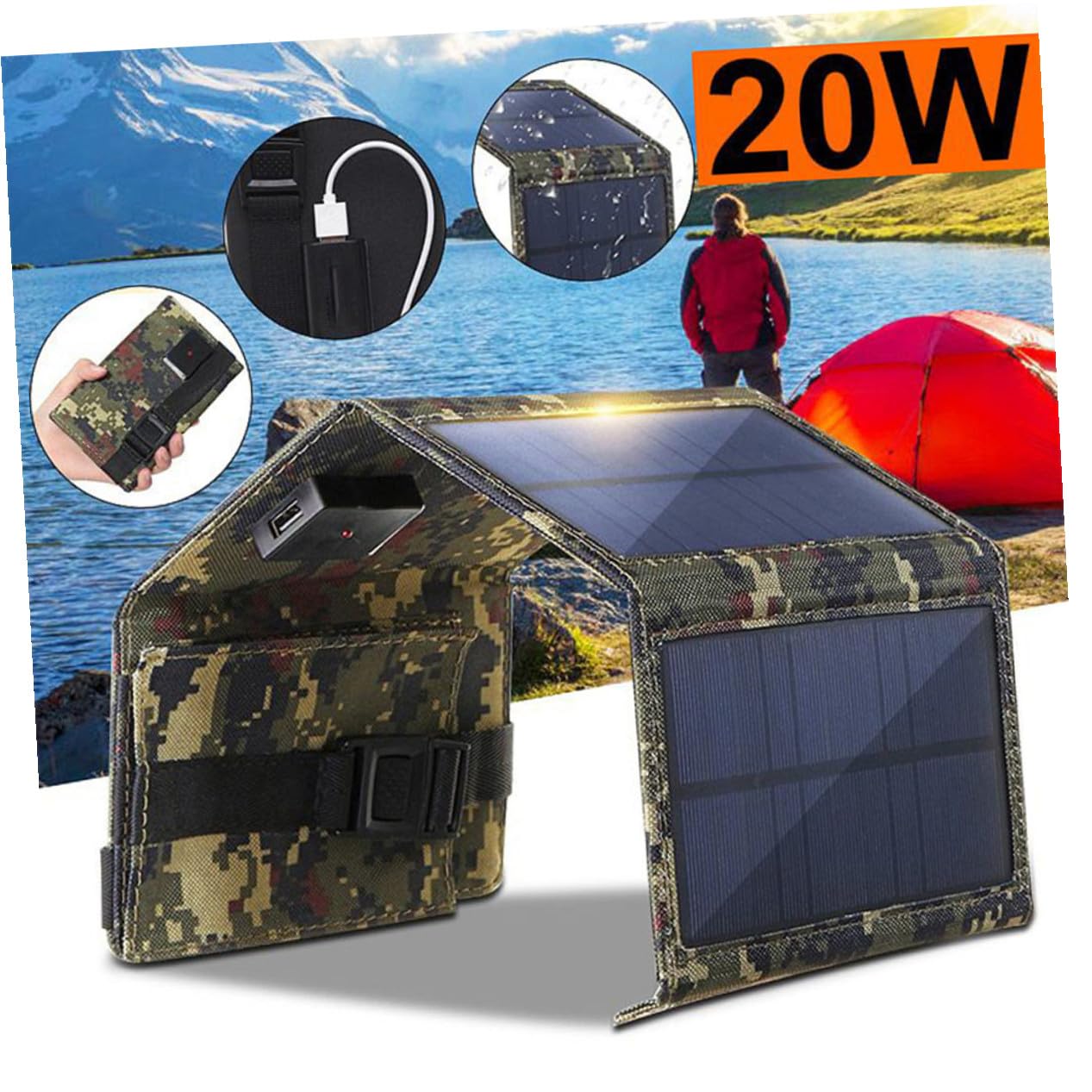 Kisangel Cargador Solar Portátil USB Plegable para Camping y Exterior Herramienta de Carga Solar Profesional para Teléfonos y Baterías