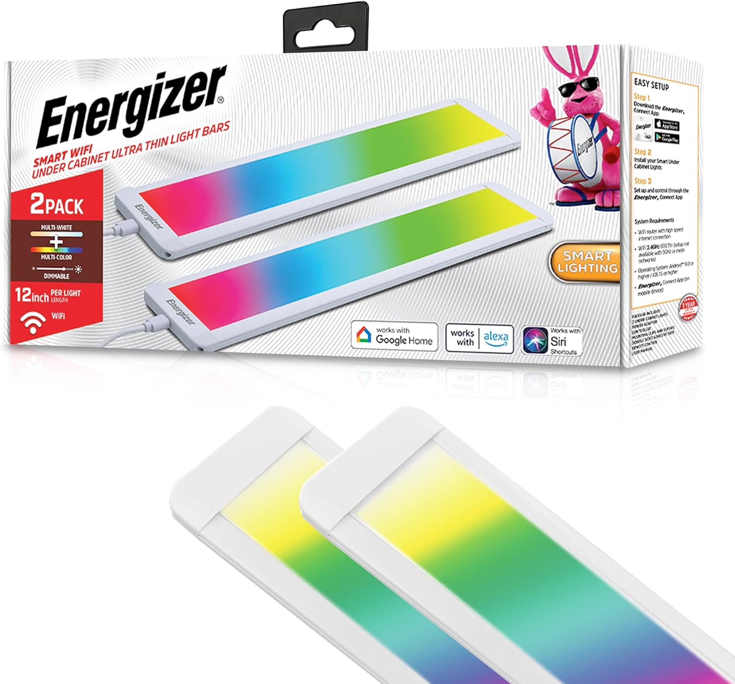 Energizer Smart Under Cabinet Light Bar 2 Pack, Ultra-Thin 0.3”x12”x2.7”, RGB + Multi-White, Remote Control, Button, App, Voice Control with Alexa Siri Google, Motion Control, Dimmable, Scheduling Energizer Smart Under Cabinet Light Bar 2 Pack, Ultra-Thin 0.3”x12”x2.7”, RGB + Multi-White, Remote Control, Button, App, Voice Control with Alexa Siri Google, Motion Control, Dimmable, Scheduling