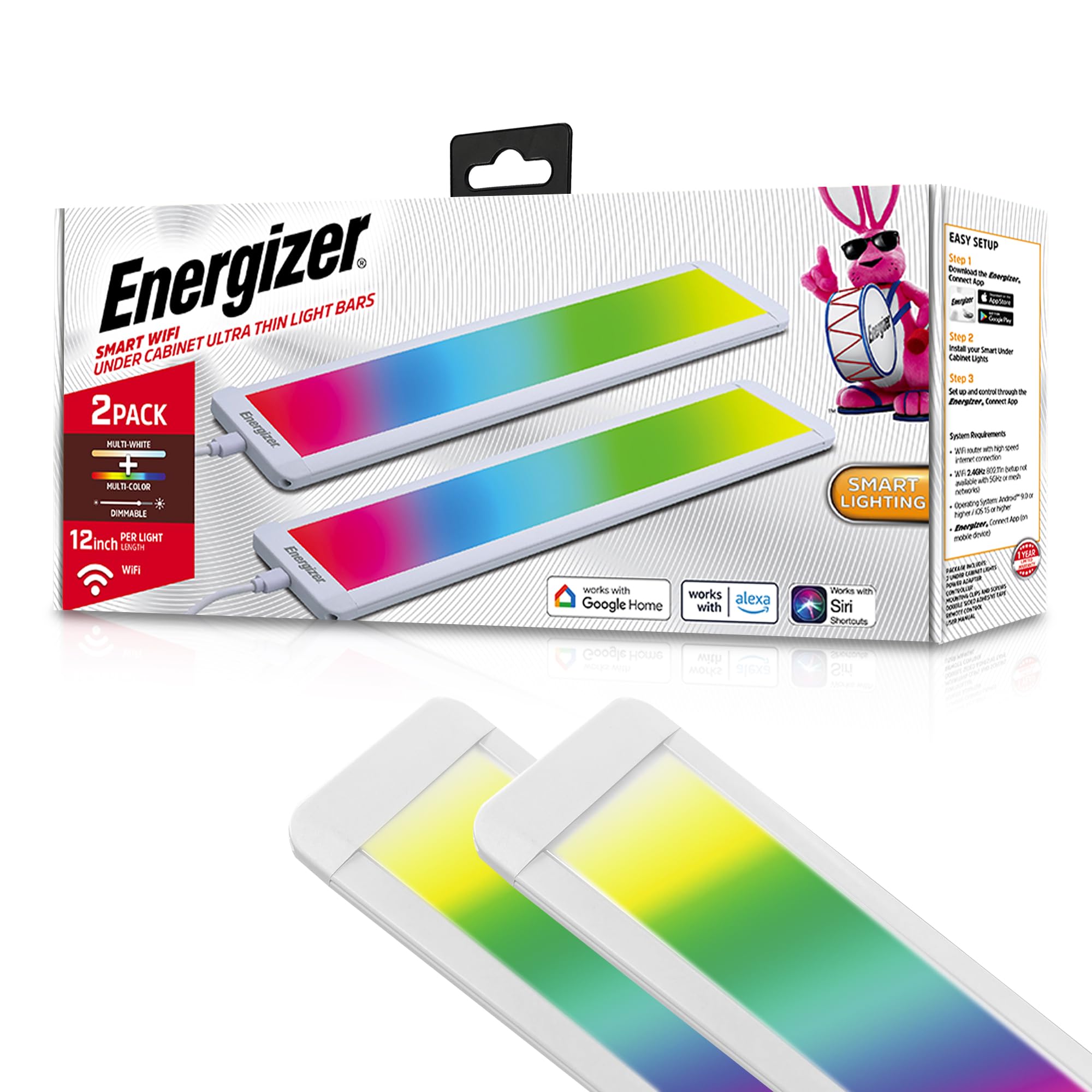 Energizer Smart Under Cabinet Light Bar 2 Pack, Ultra-Thin 0.3”x12”x2.7”, RGB + Multi-White, Remote Control, Button, App, Voice Control with Alexa Siri Google, Motion Control, Dimmable, Scheduling